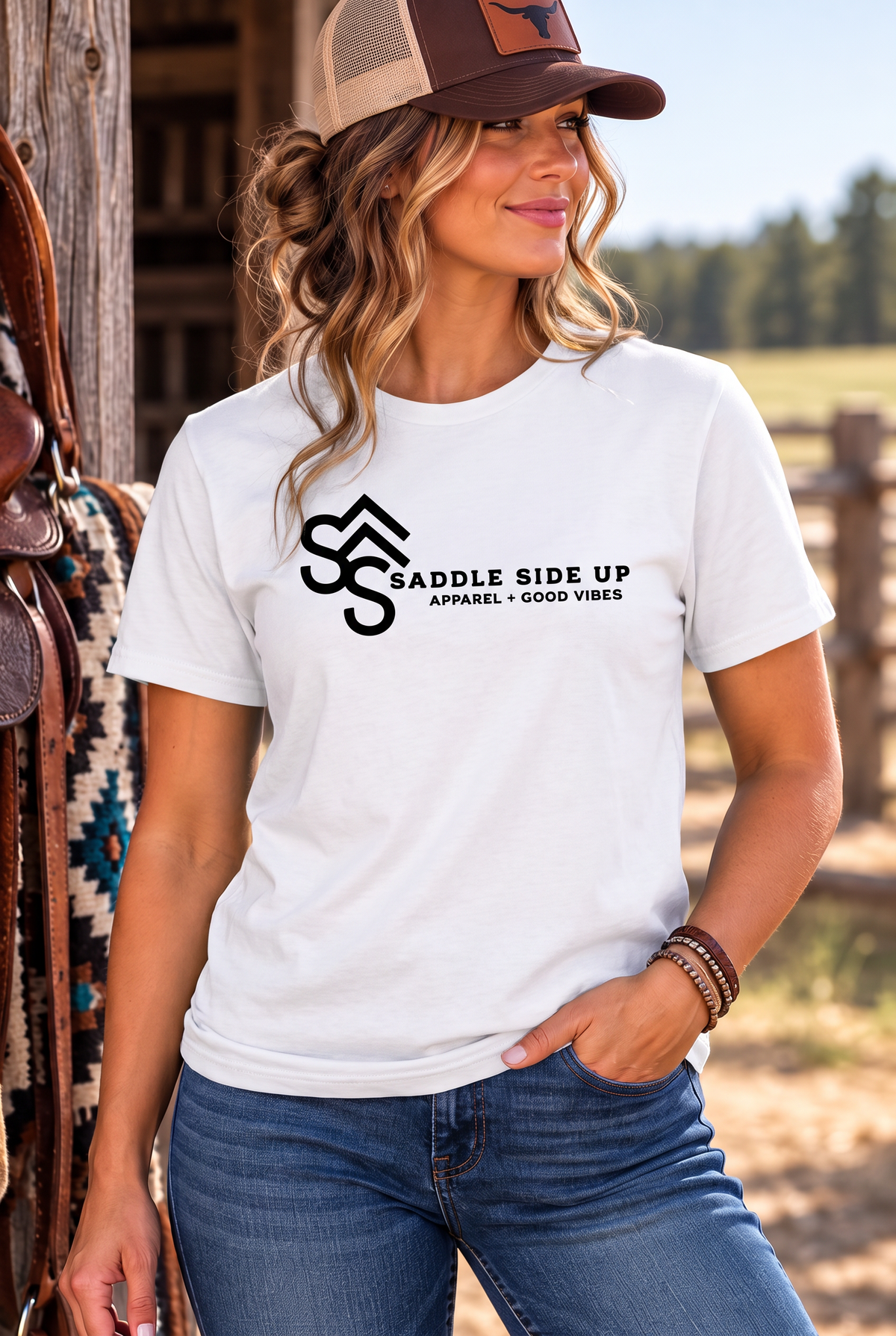 Logo Tee in White — female model, front view