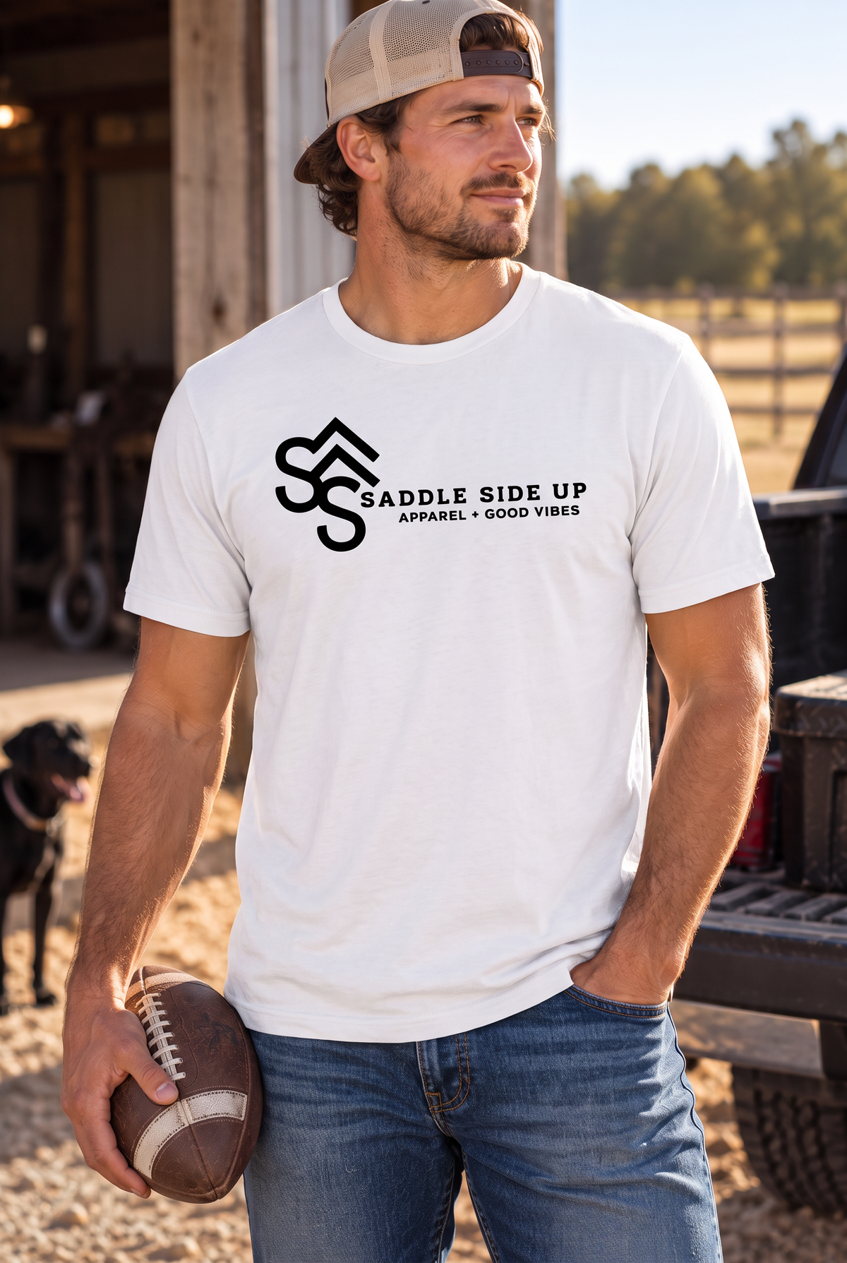 Logo Tee in White — male model, front view