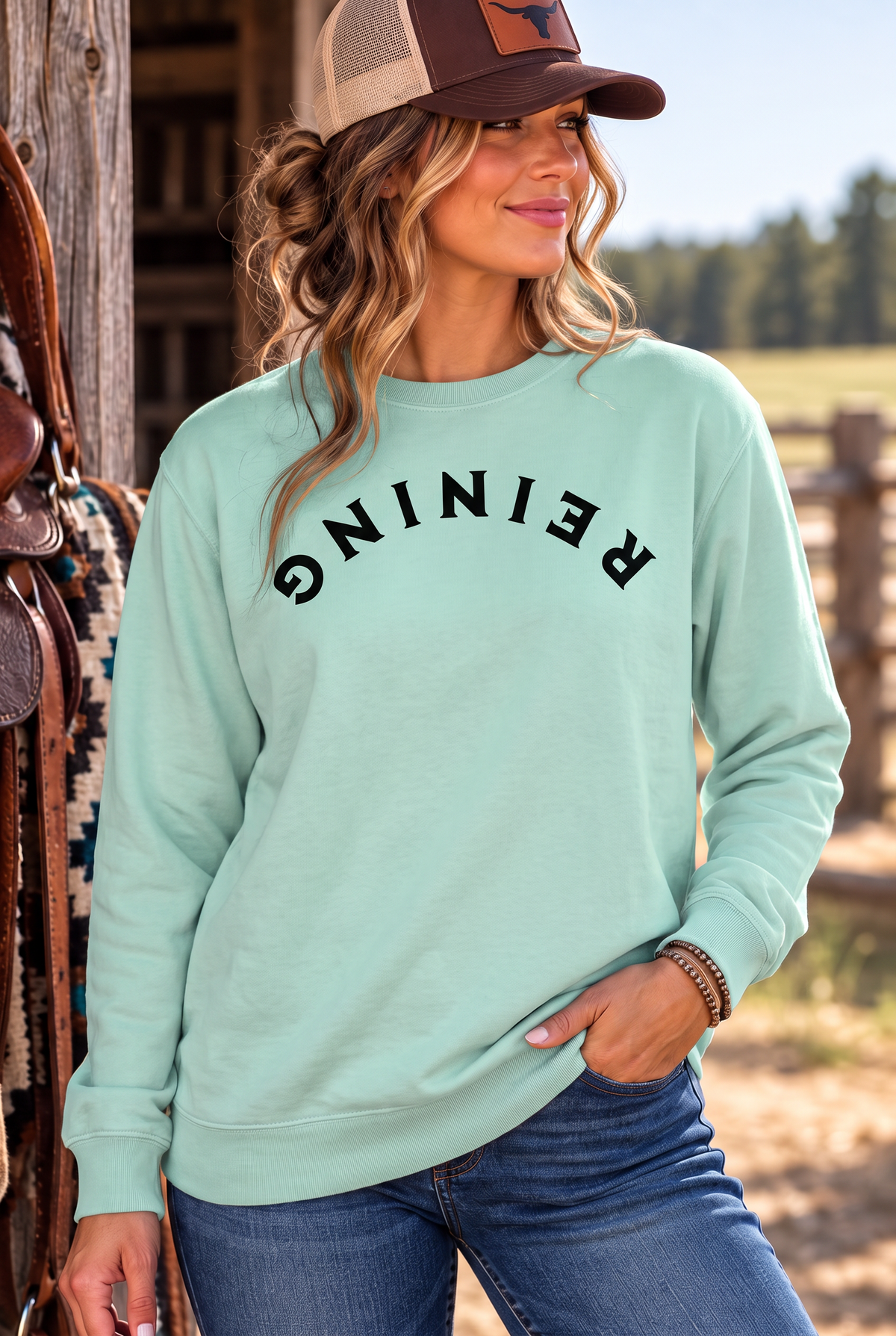 Reining Crew in Chalky Mint — female model, front view