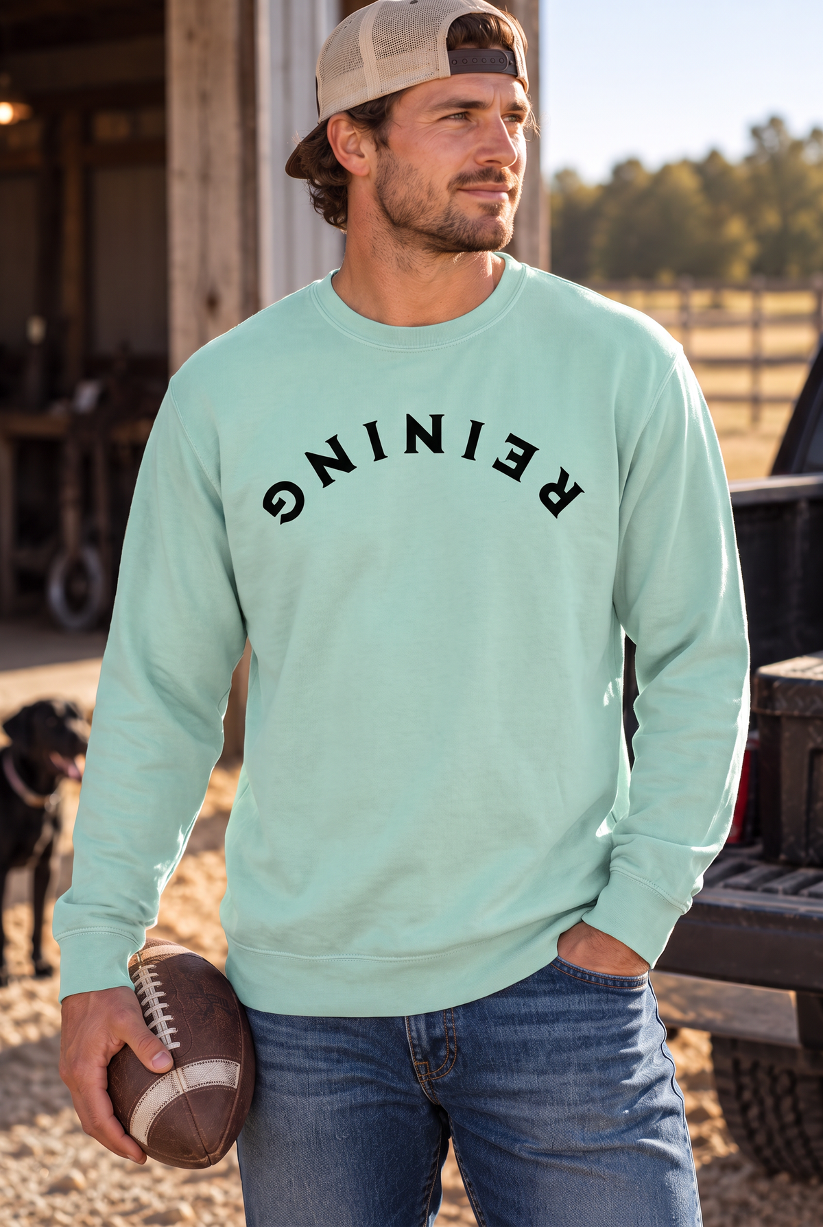 Reining Crew in Chalky Mint — male model, front view
