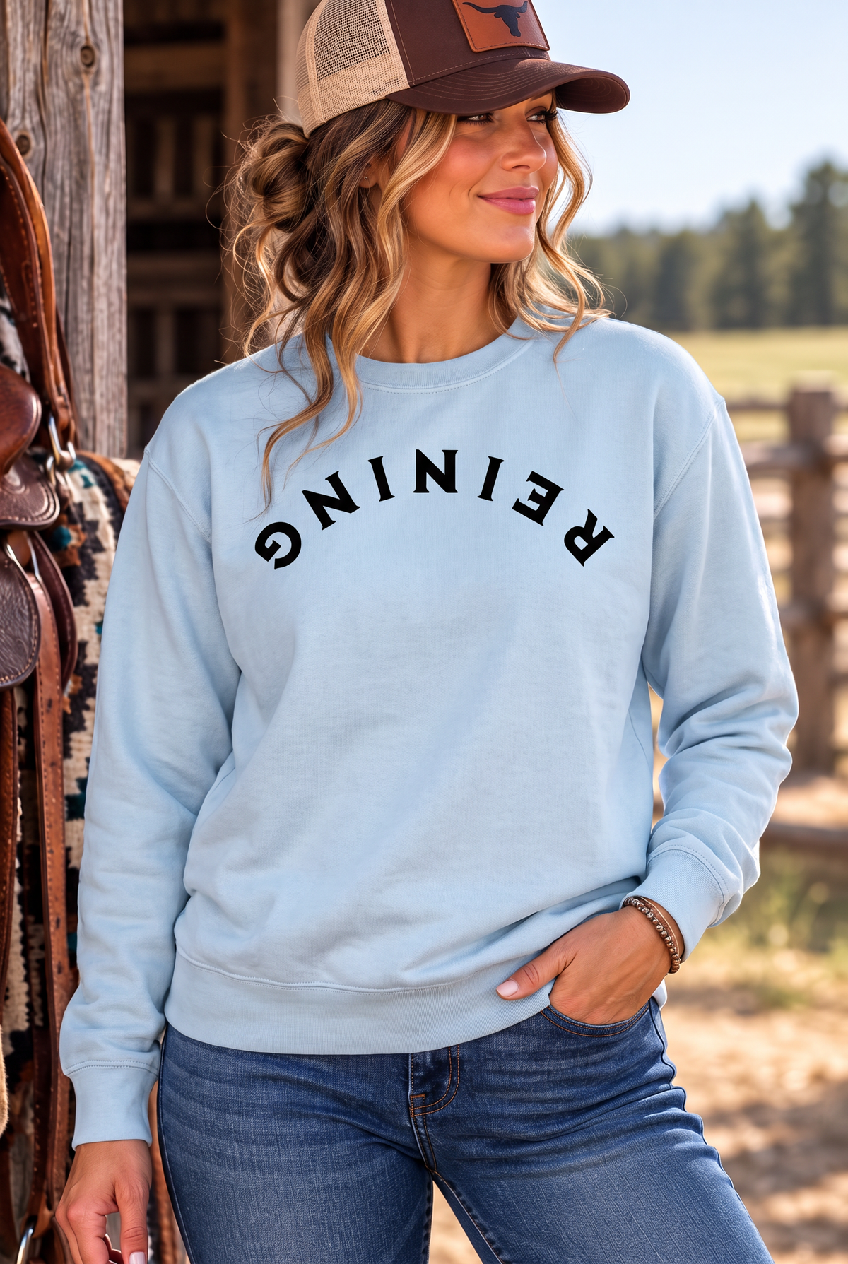 Reining Crew in Chambray — female model, front view