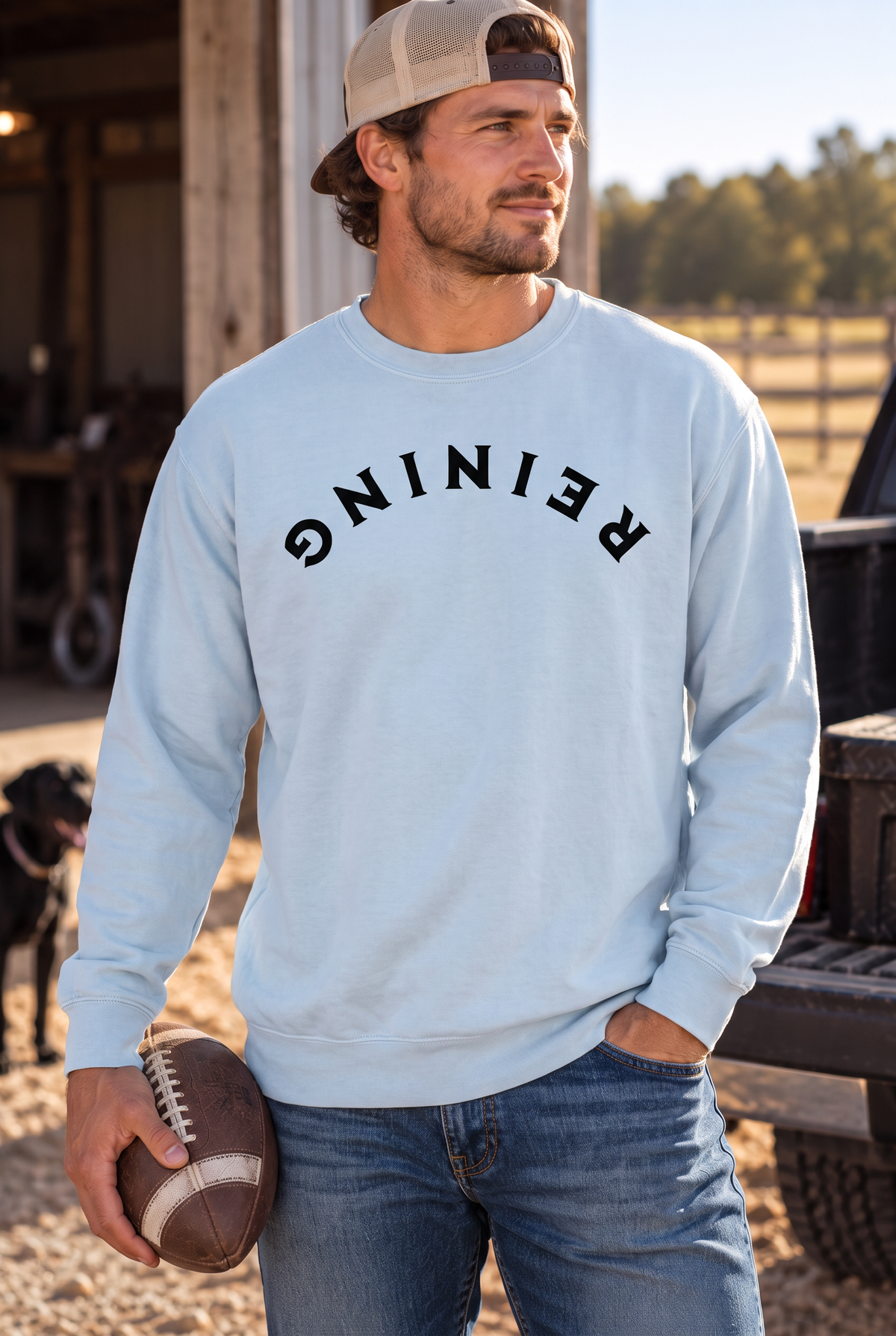 Reining Crew in Chambray — male model, front view