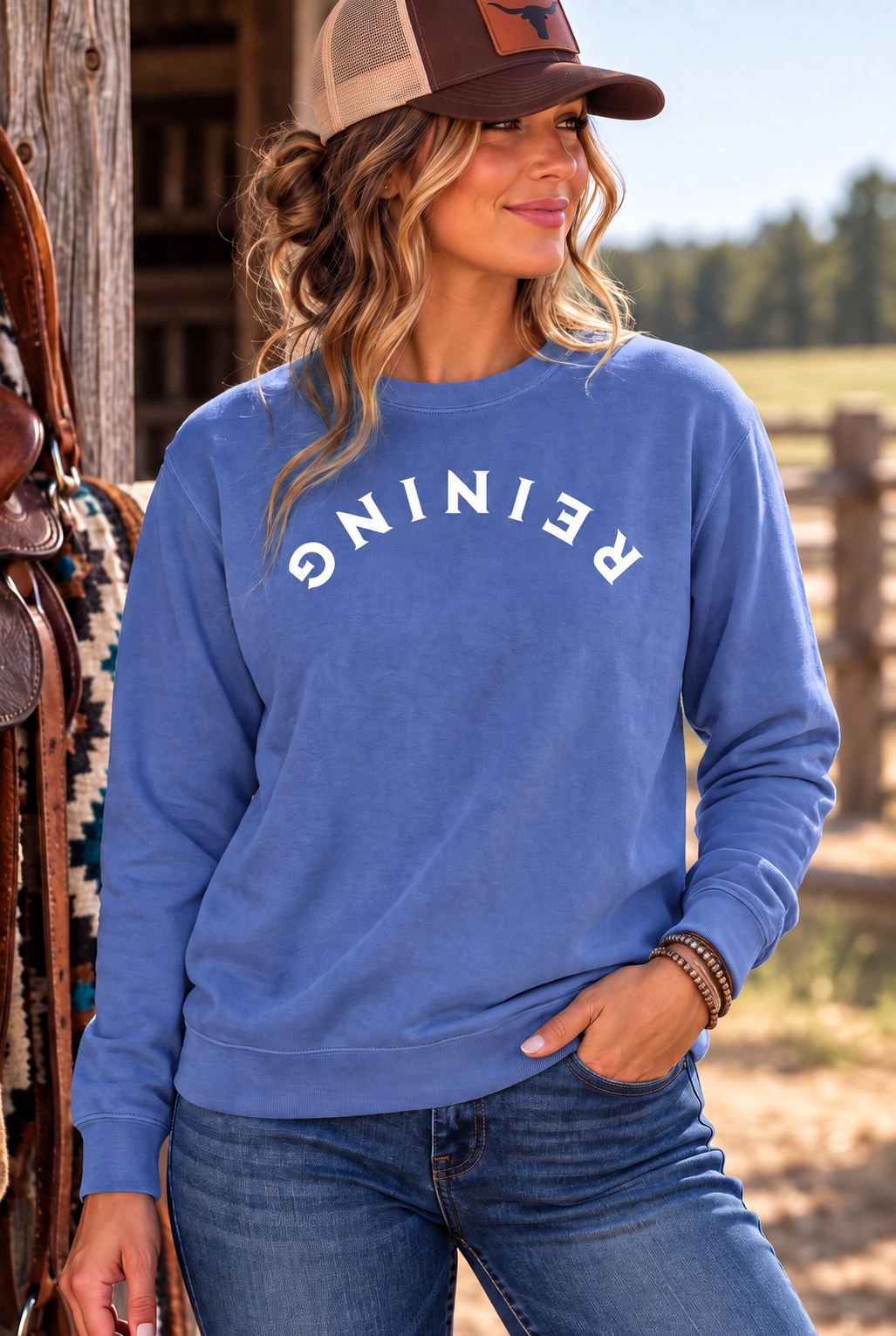 Reining Crew in Flo Blue — female model, front view