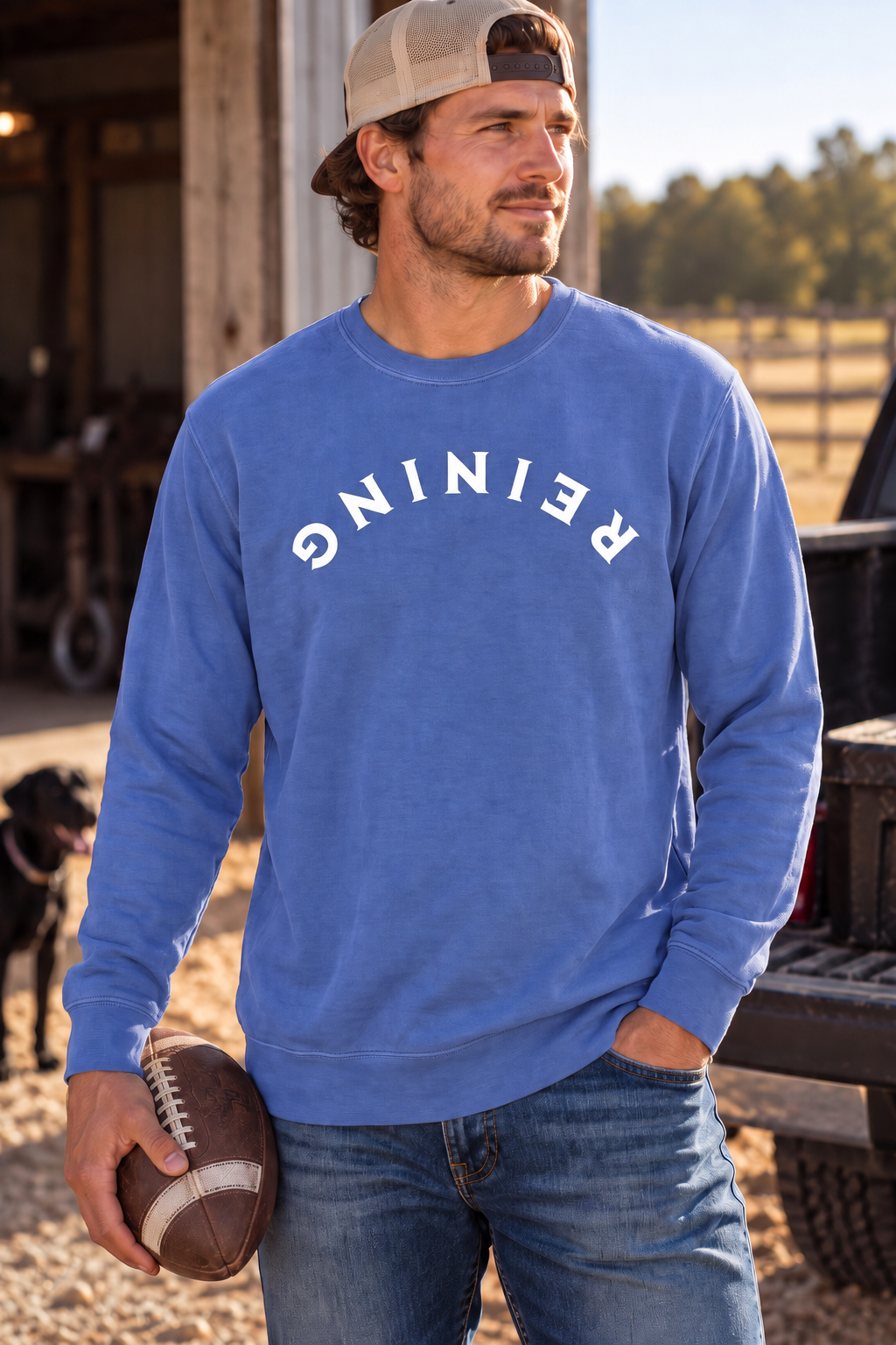 Reining Crew in Flo Blue — male model, front view