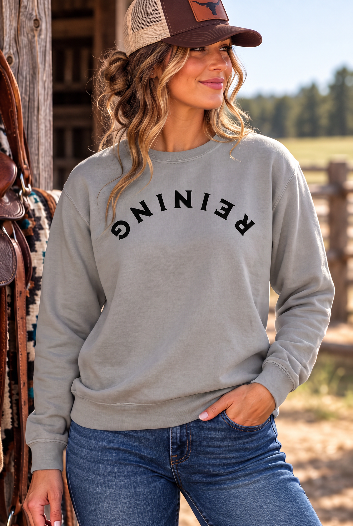 Reining Crew in Grey — female model, front view