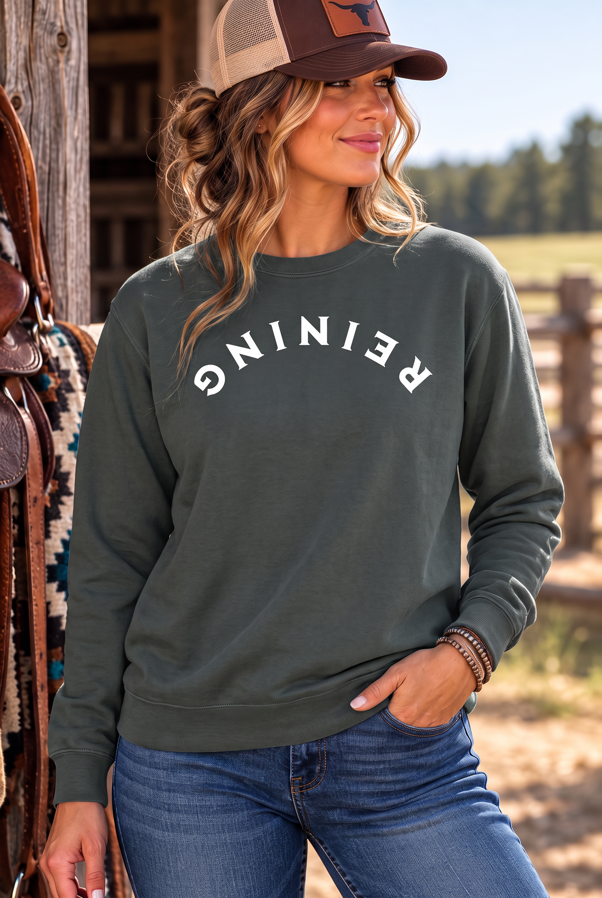 Reining Crew in Pepper — female model, front view