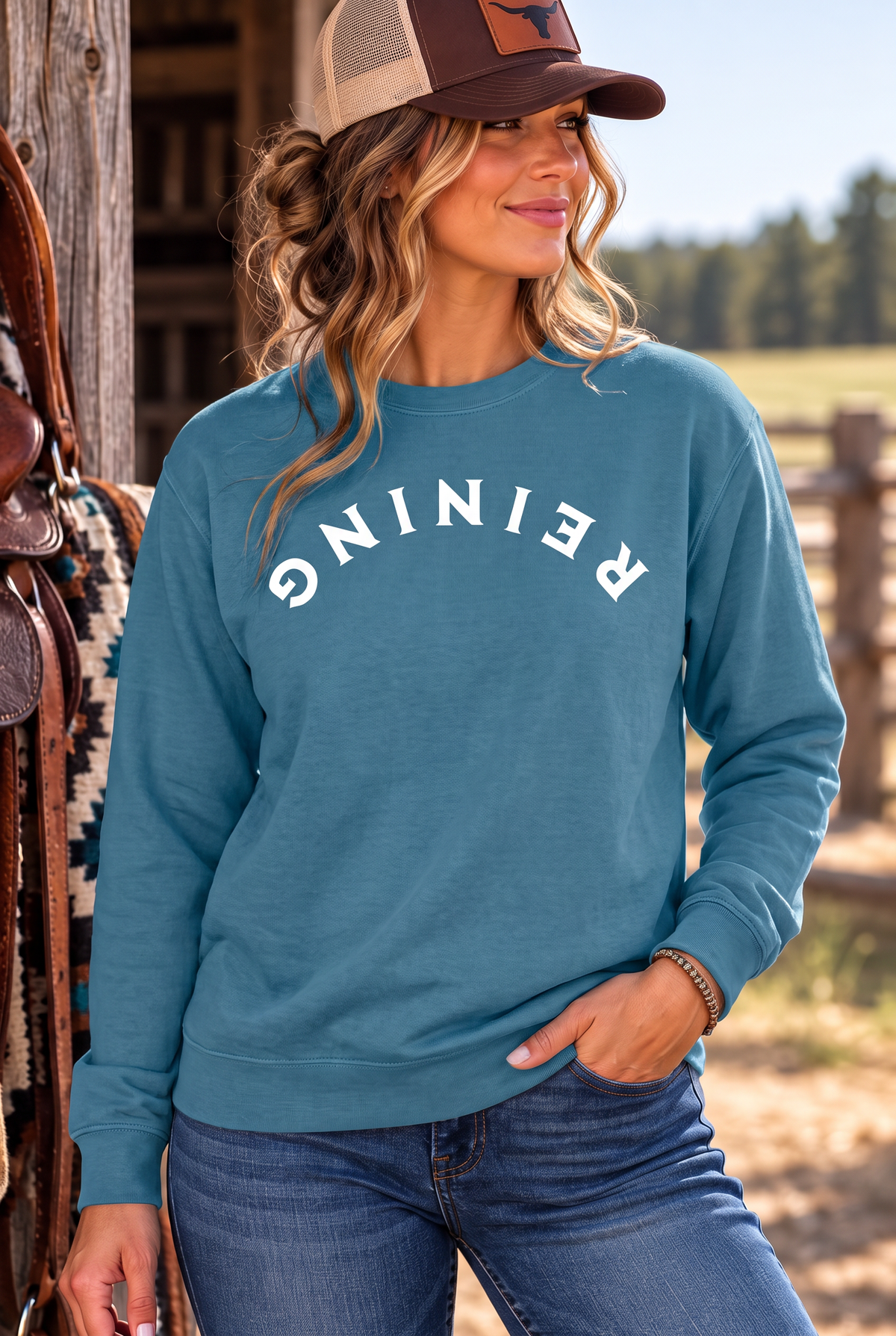 Reining Crew in Topaz Blue — female model, front view