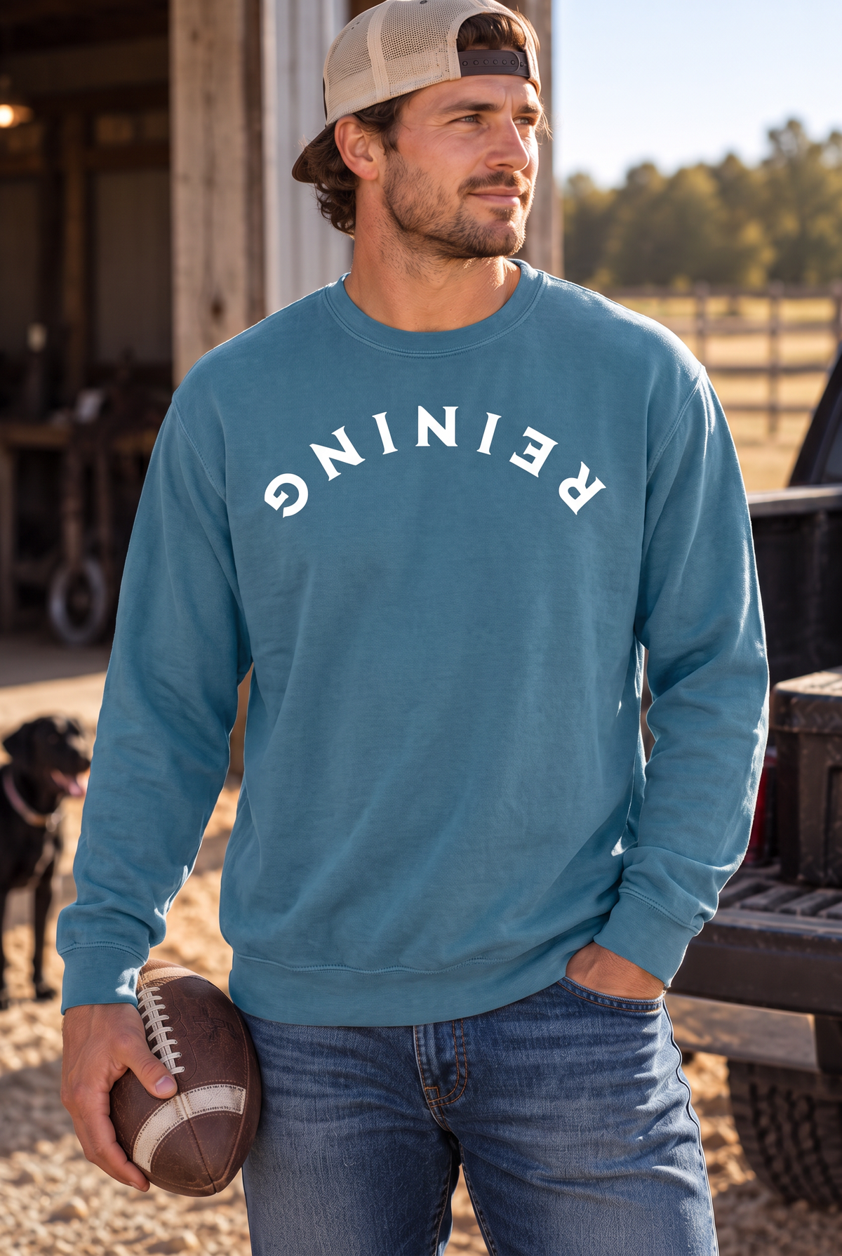 Reining Crew in Topaz Blue — male model, front view