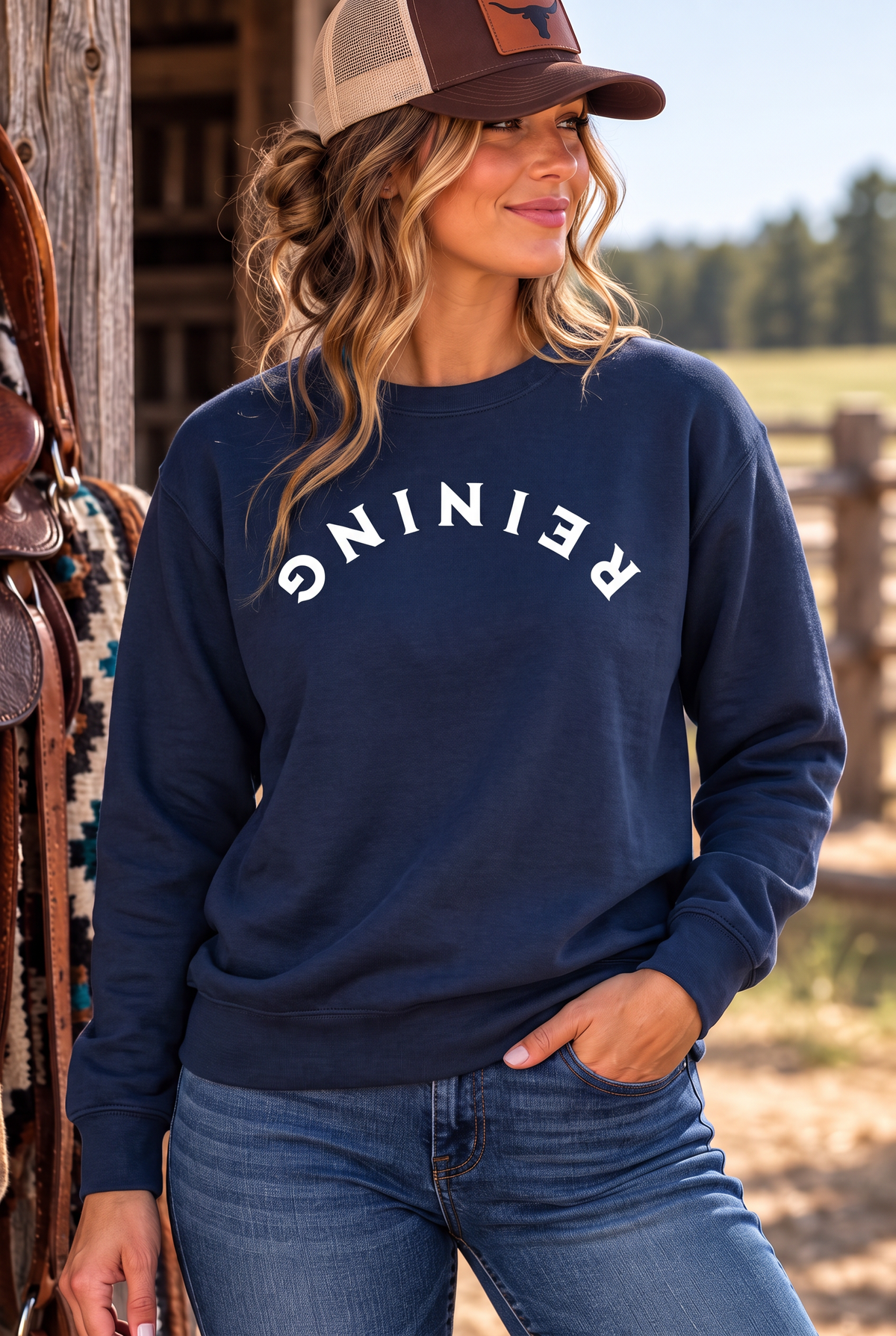 Reining Crew in True Navy — female model, front view
