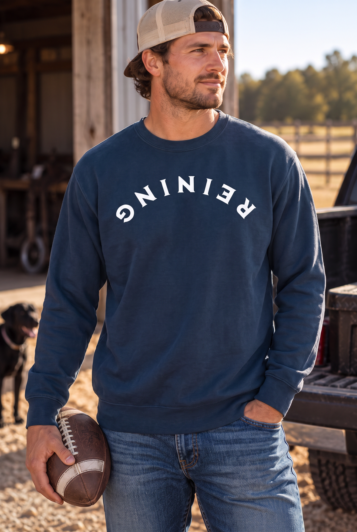 Reining Crew in True Navy — male model, front view