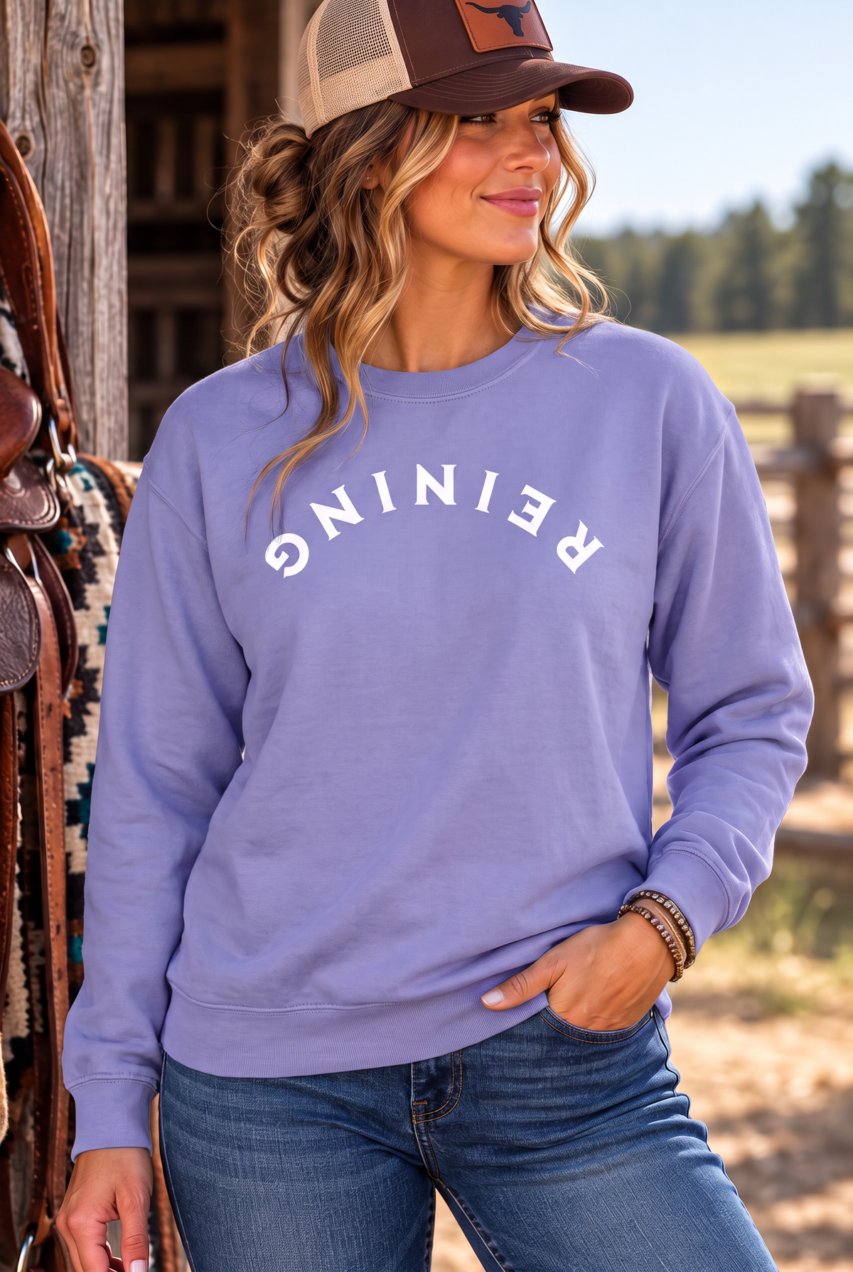 Reining Crew in Violet — female model, front view