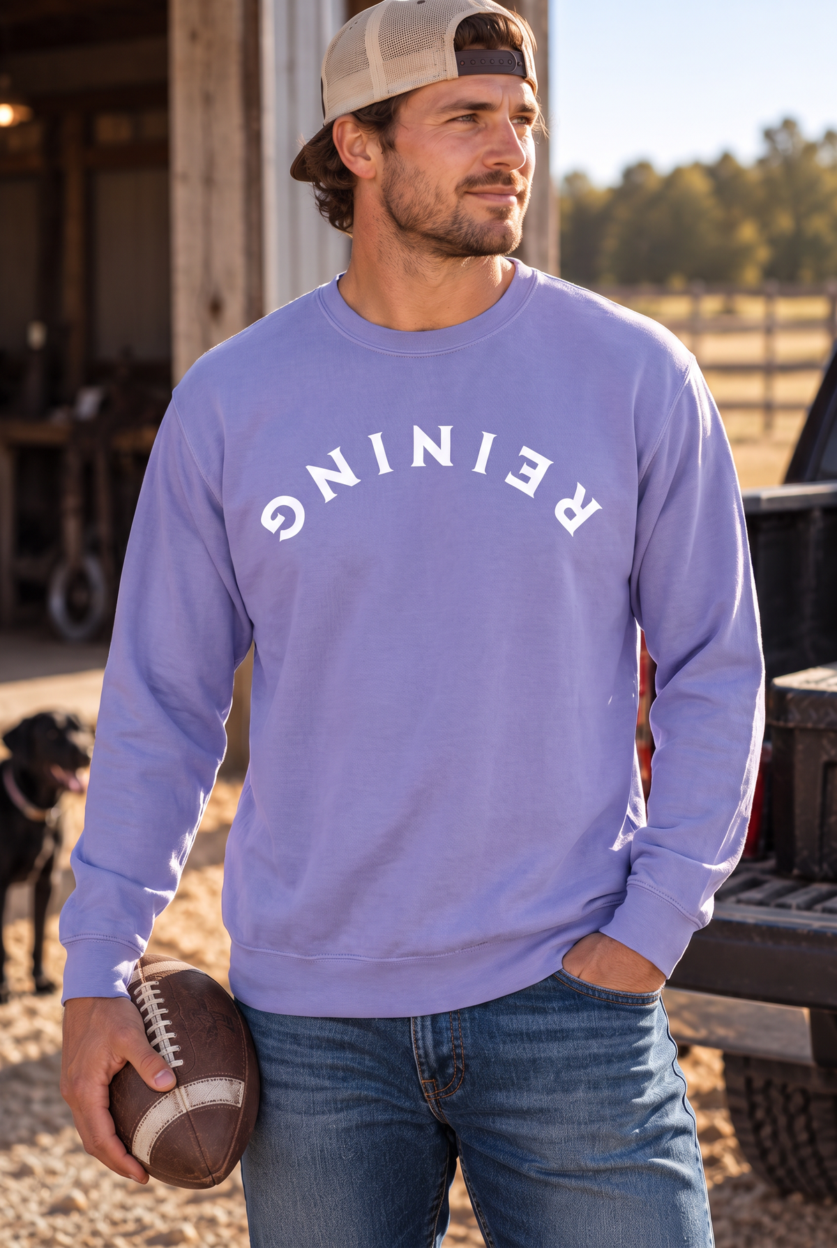 Reining Crew in Violet — male model, front view