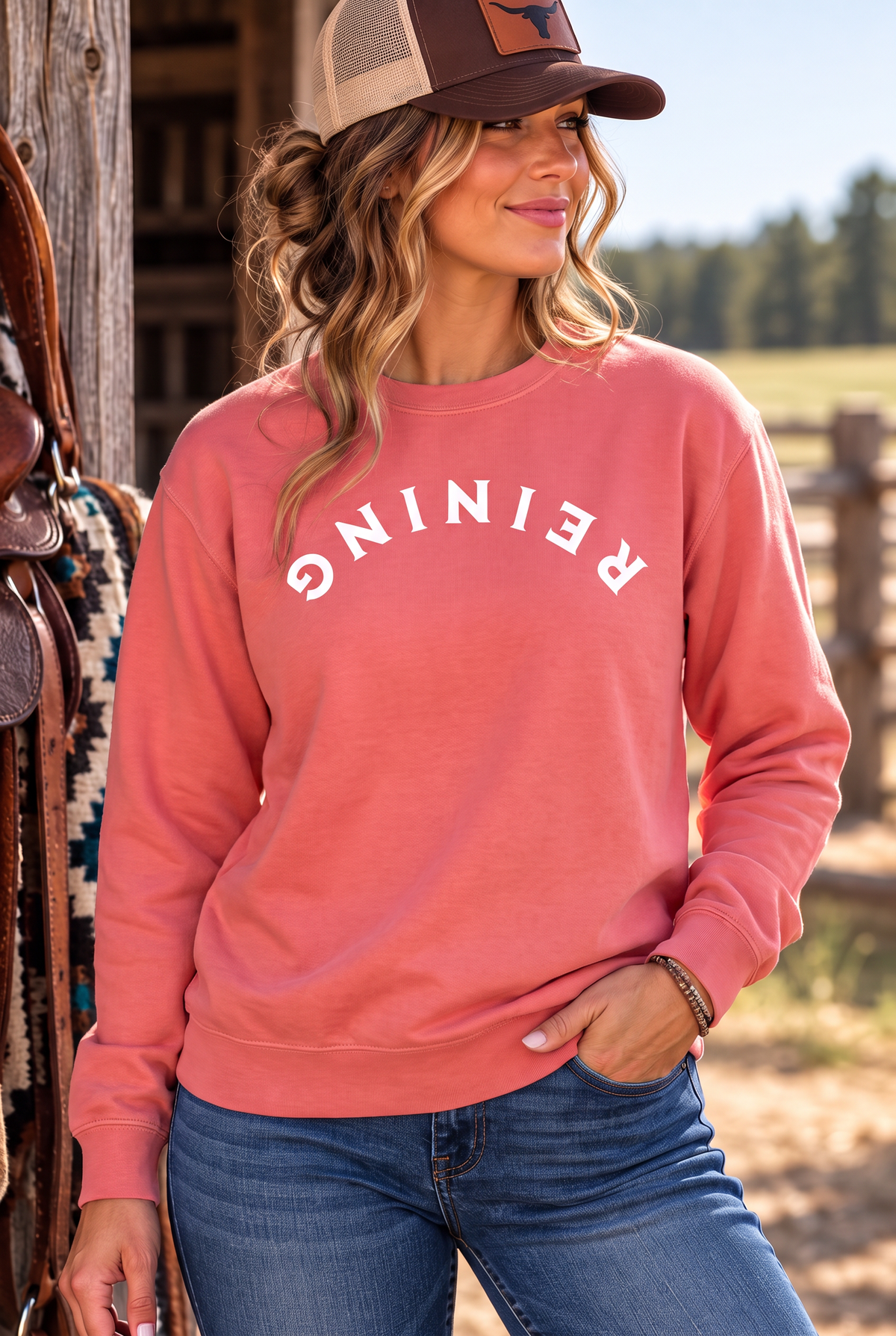 Reining Crew in Watermelon — female model, front view