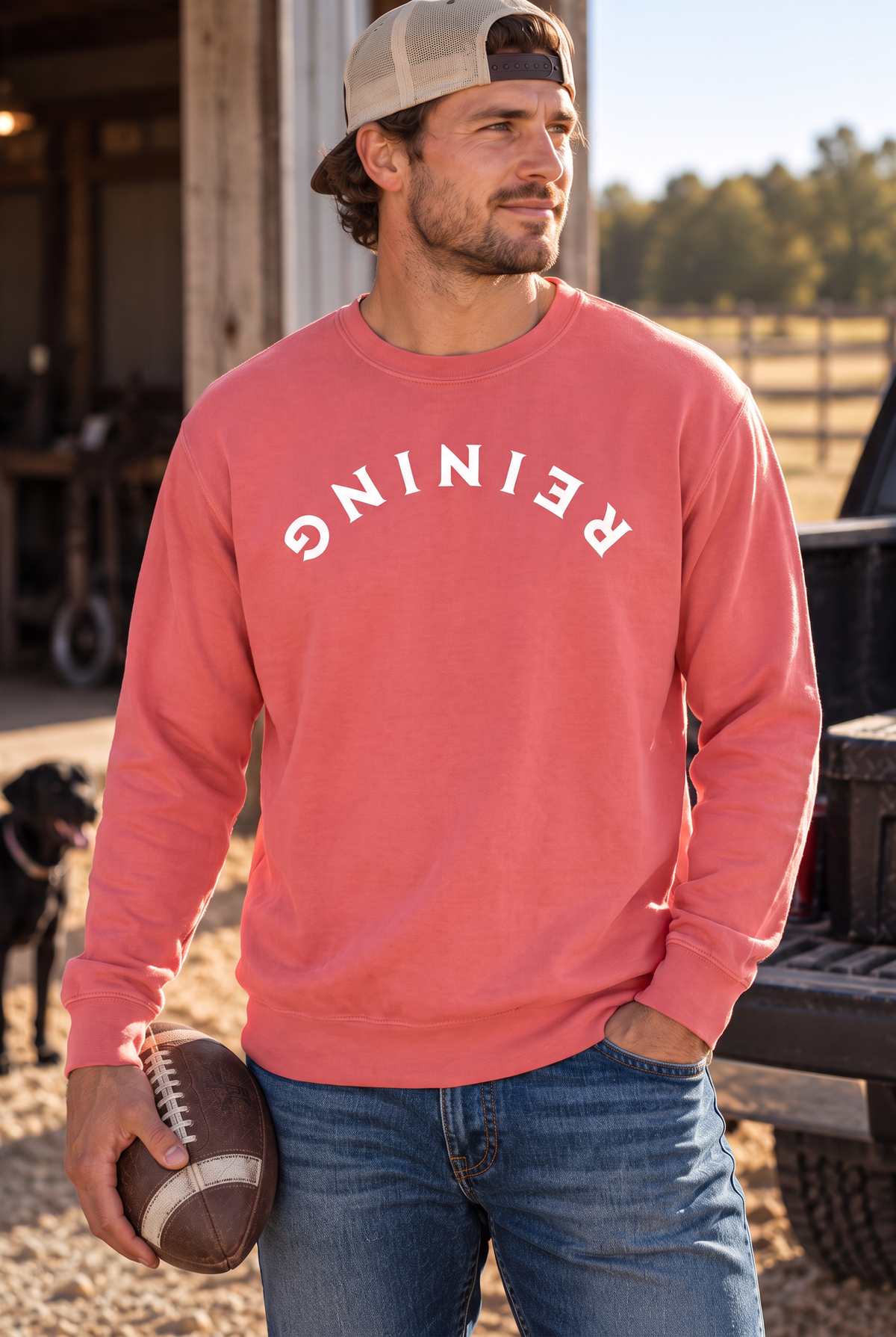 Reining Crew in Watermelon — male model, front view