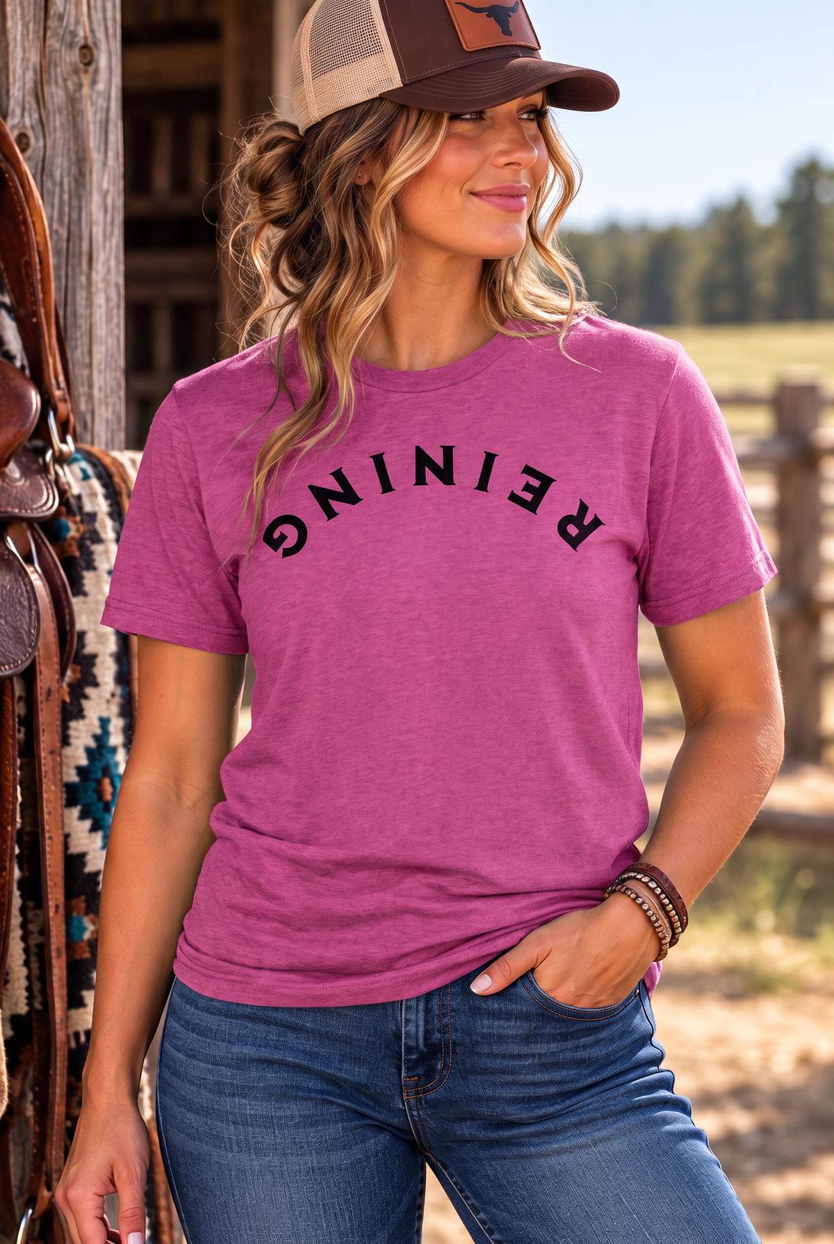 Reining Tee in Antique Heliconia — female model, front view