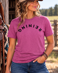 Reining Tee in Antique Heliconia — female model, front view