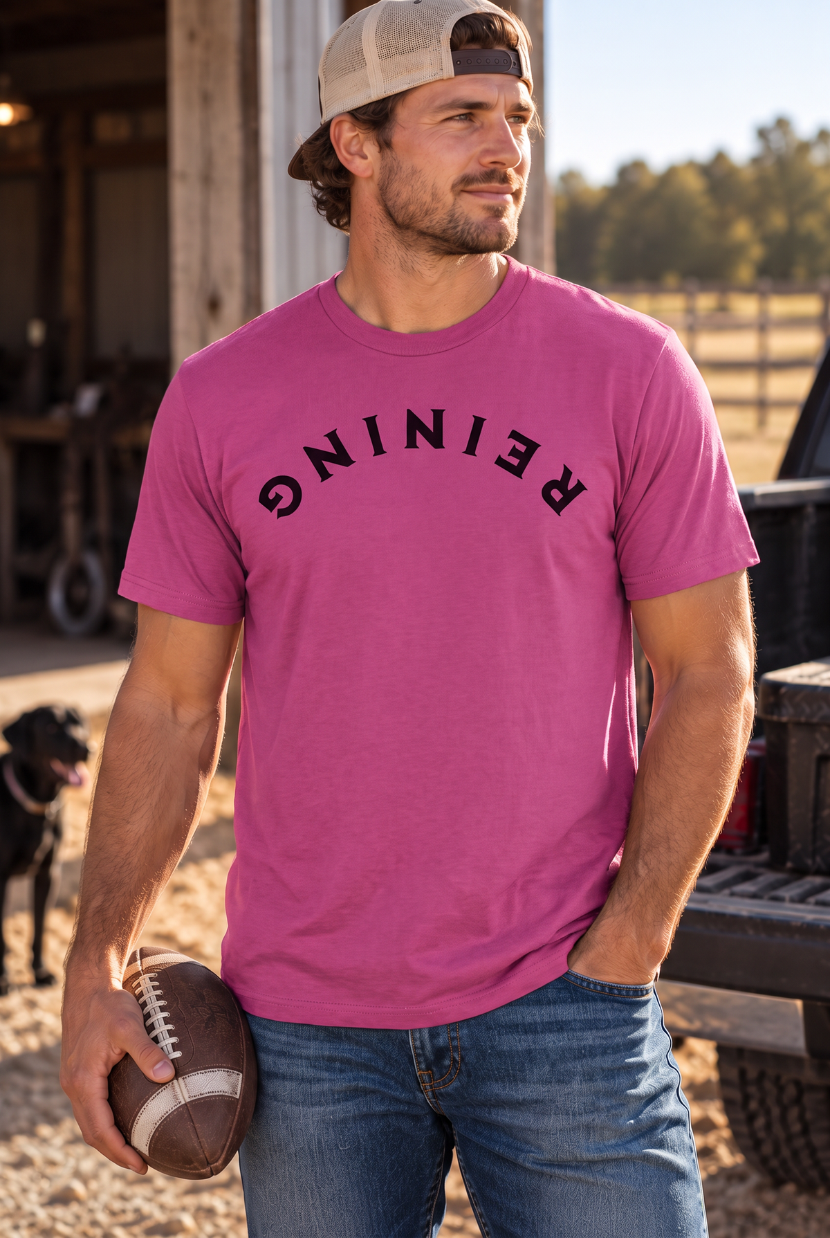 Reining Tee in Antique Heliconia — male model, front view
