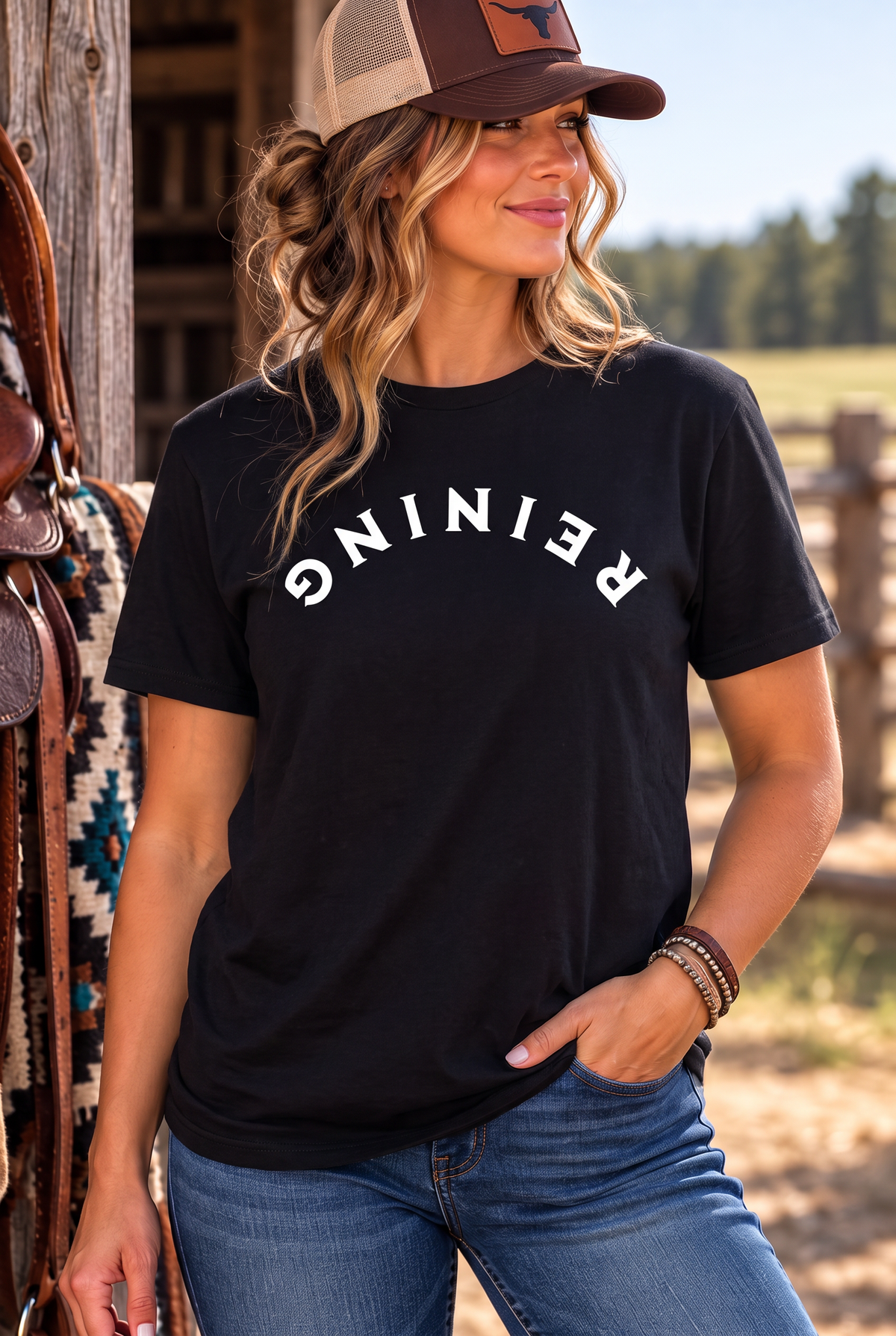 Reining Tee in Black — female model, front view