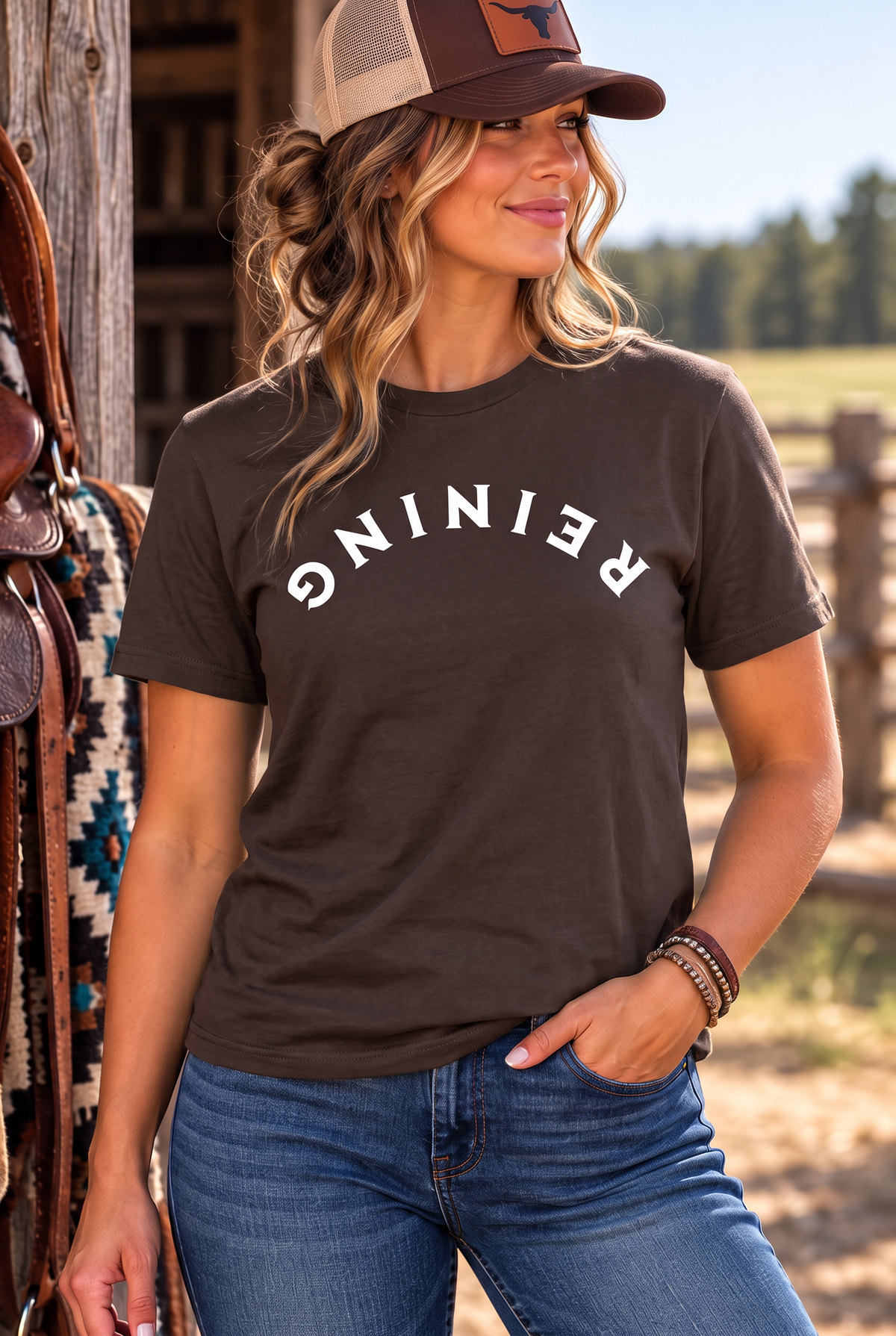 Reining Tee in Dark Chocolate — female model, front view