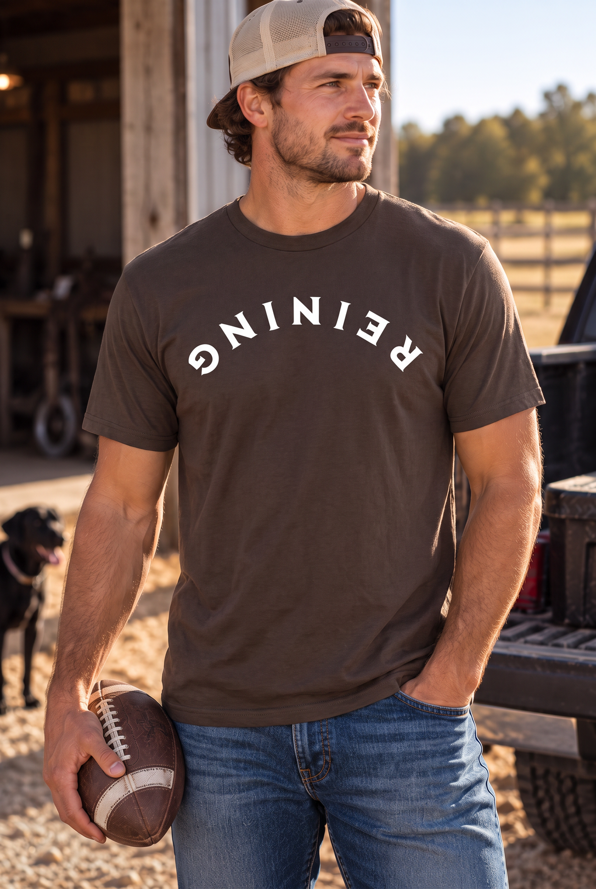 Reining Tee in Dark Chocolate — male model, front view