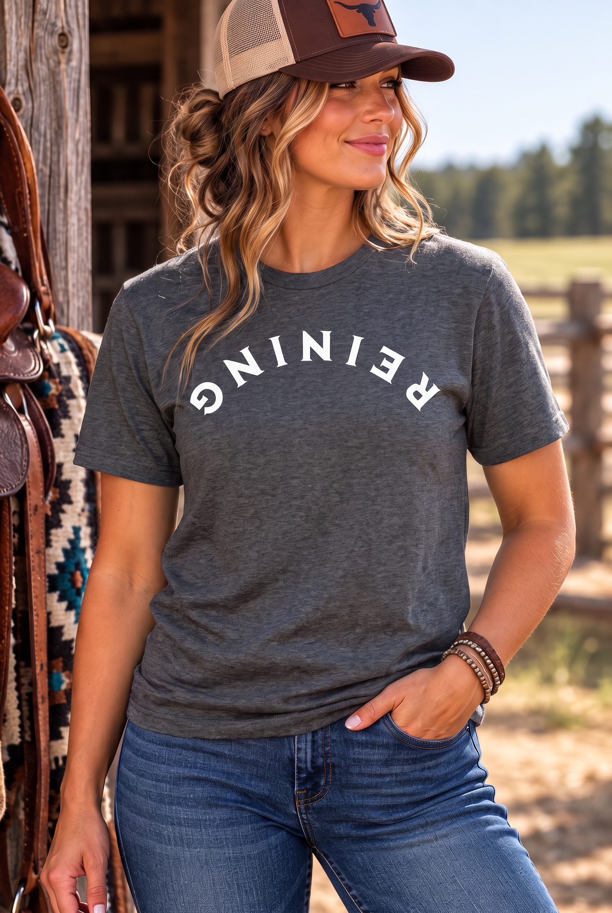 Reining Tee in Heather Dark Grey — female model, front view