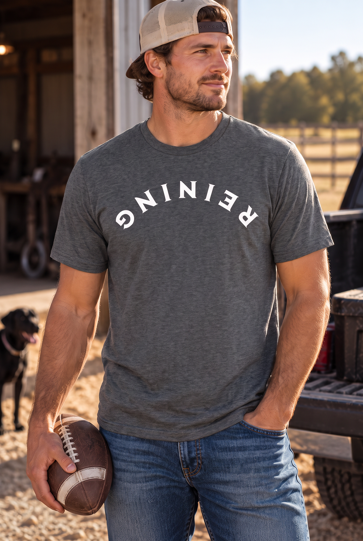 Reining Tee in Heather Dark Grey — male model, front view