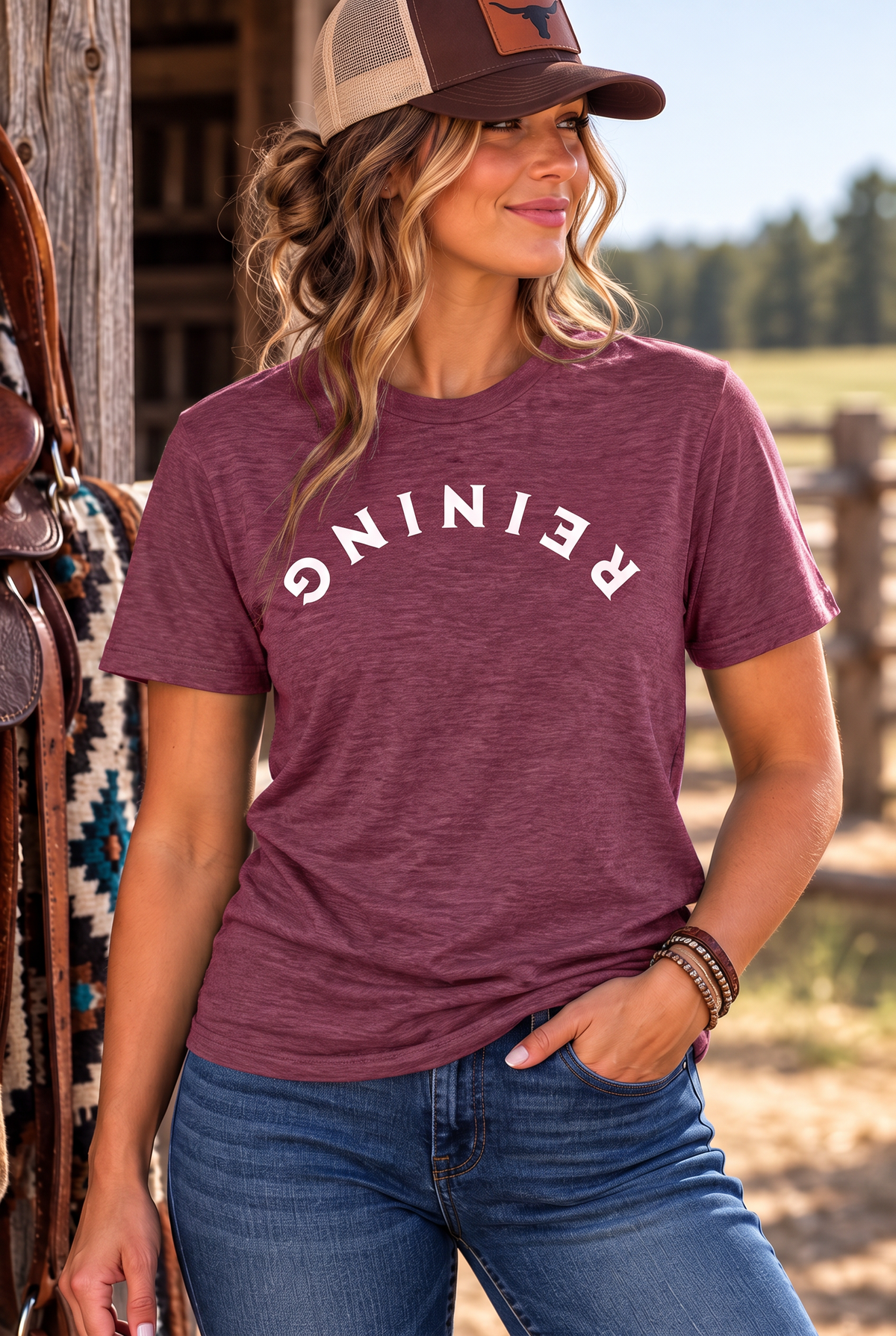 Reining Tee in Heather Maroon — female model, front view
