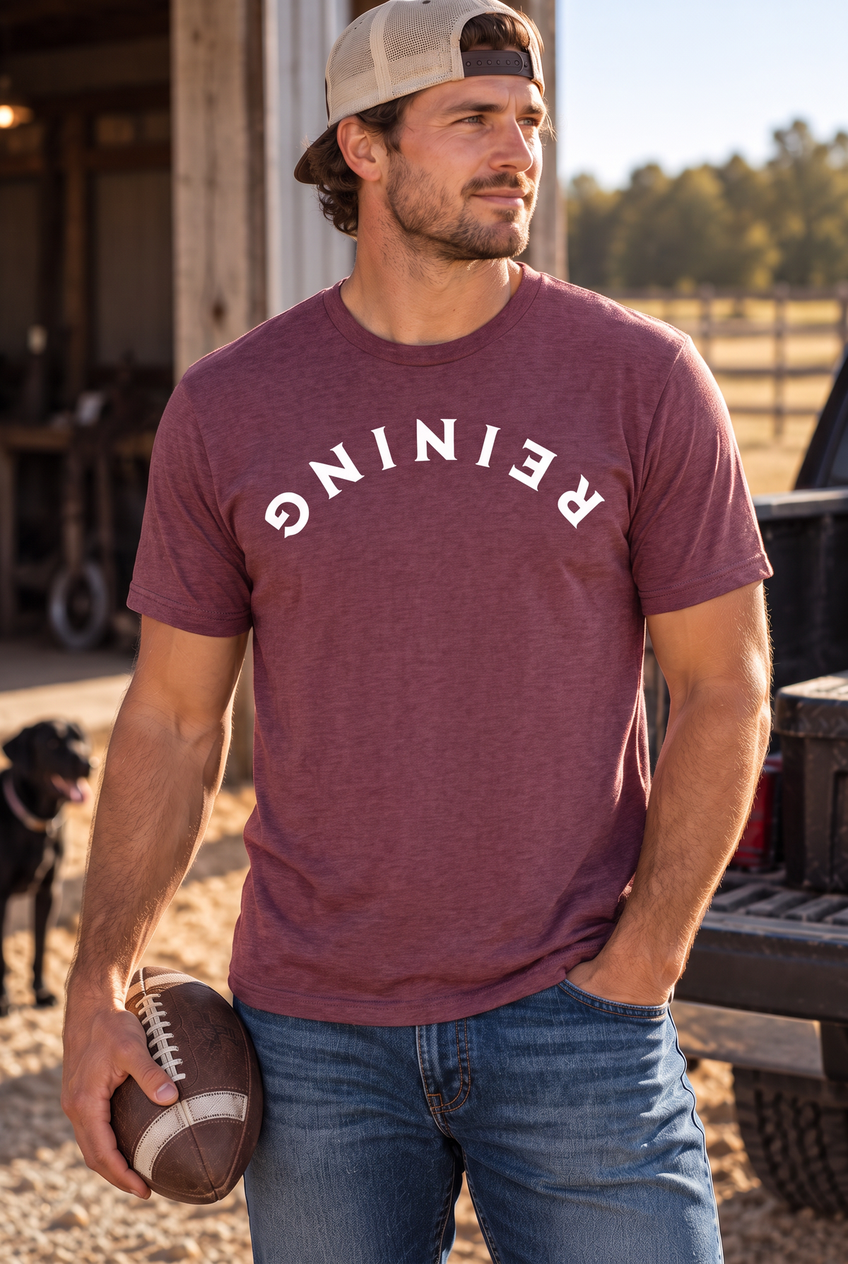 Reining Tee in Heather Maroon — male model, front view