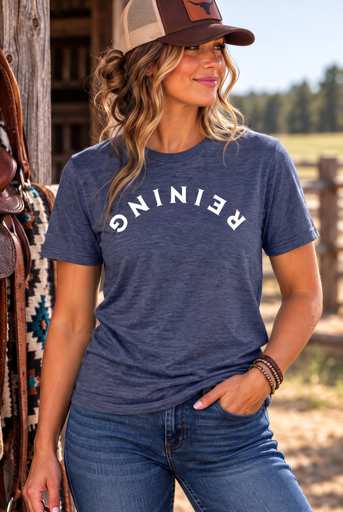 Reining Tee in Heather Navy — female model, front view