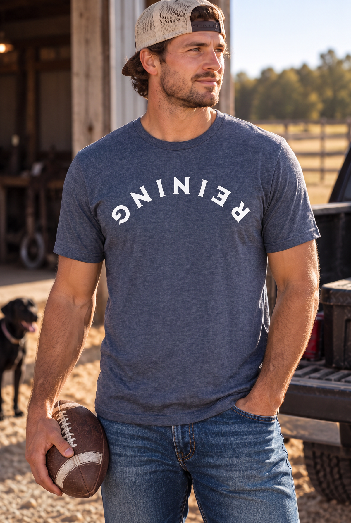 Reining Tee in Heather Navy — male model, front view