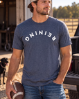 Reining Tee in Heather Navy — male model, front view