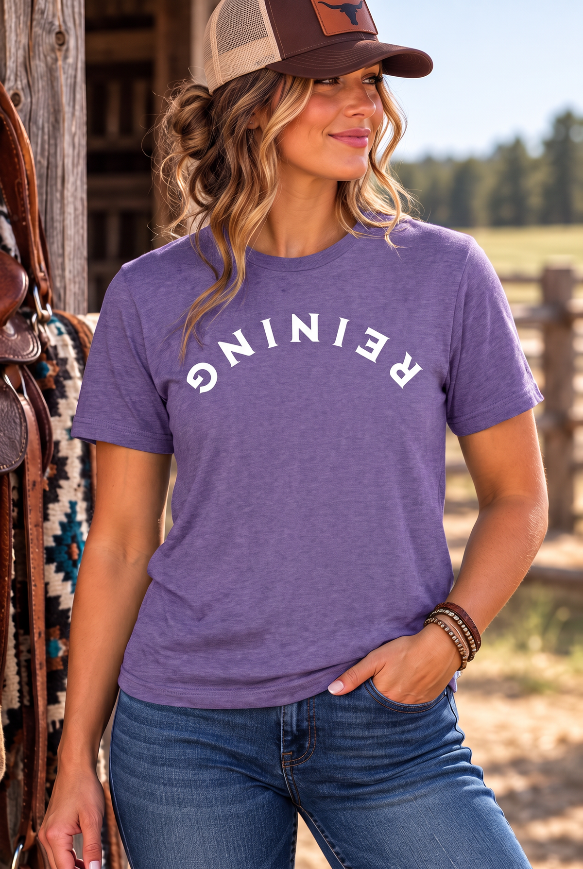 Reining Tee in Heather Purple — female model, front view