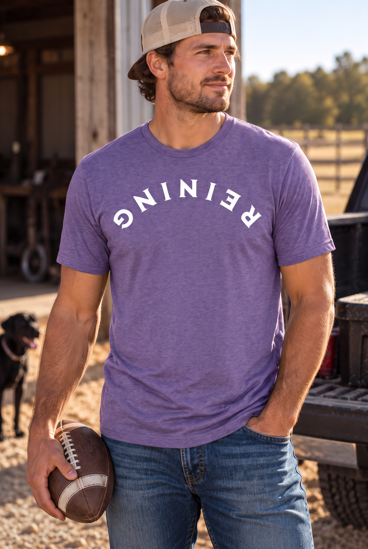Reining Tee in Heather Purple — male model, front view