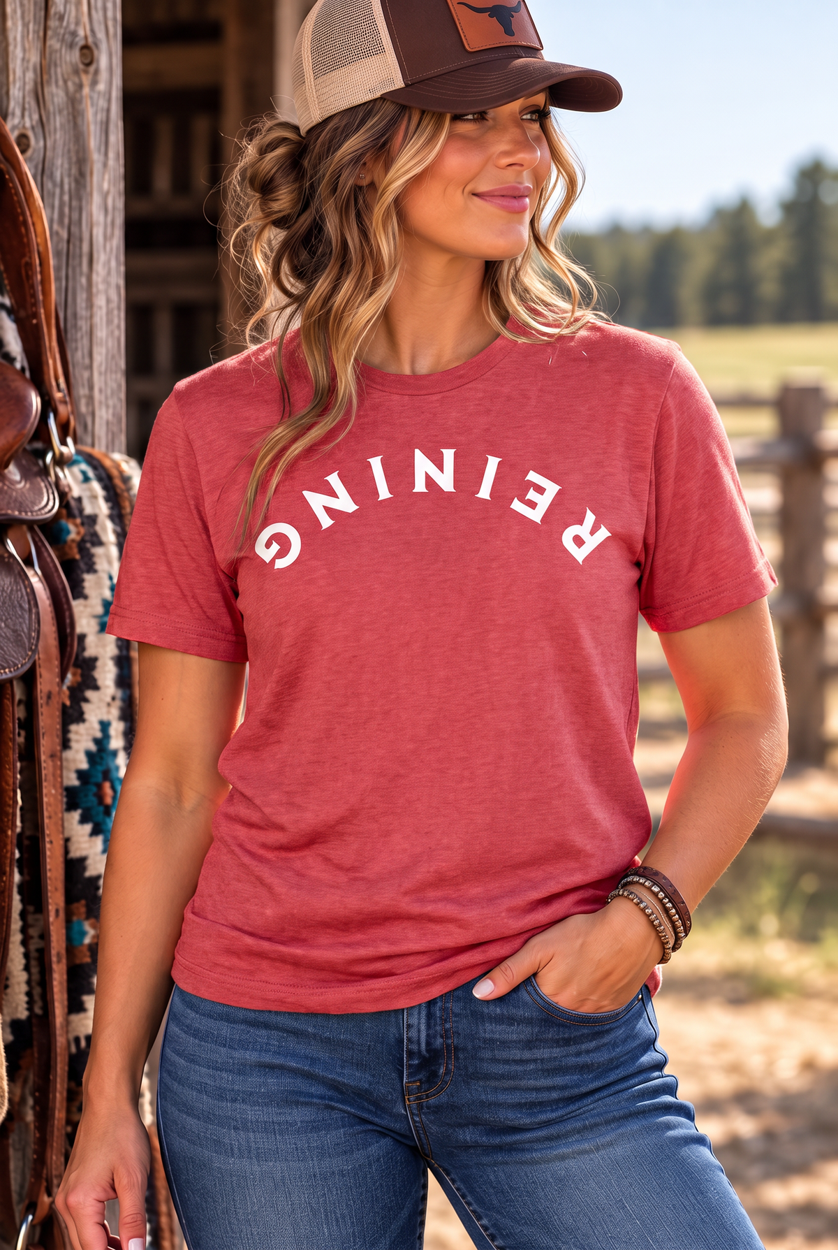 Reining Tee in Heather Red — female model, front view