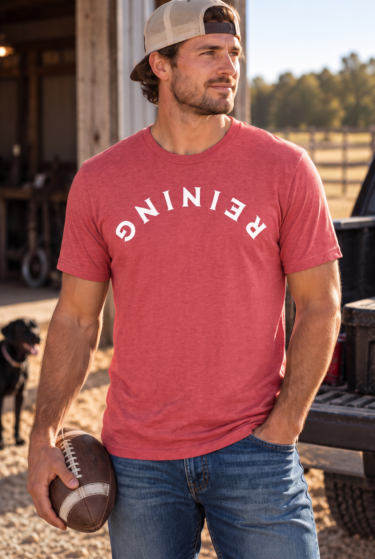 Reining Tee in Heather Red — male model, front view
