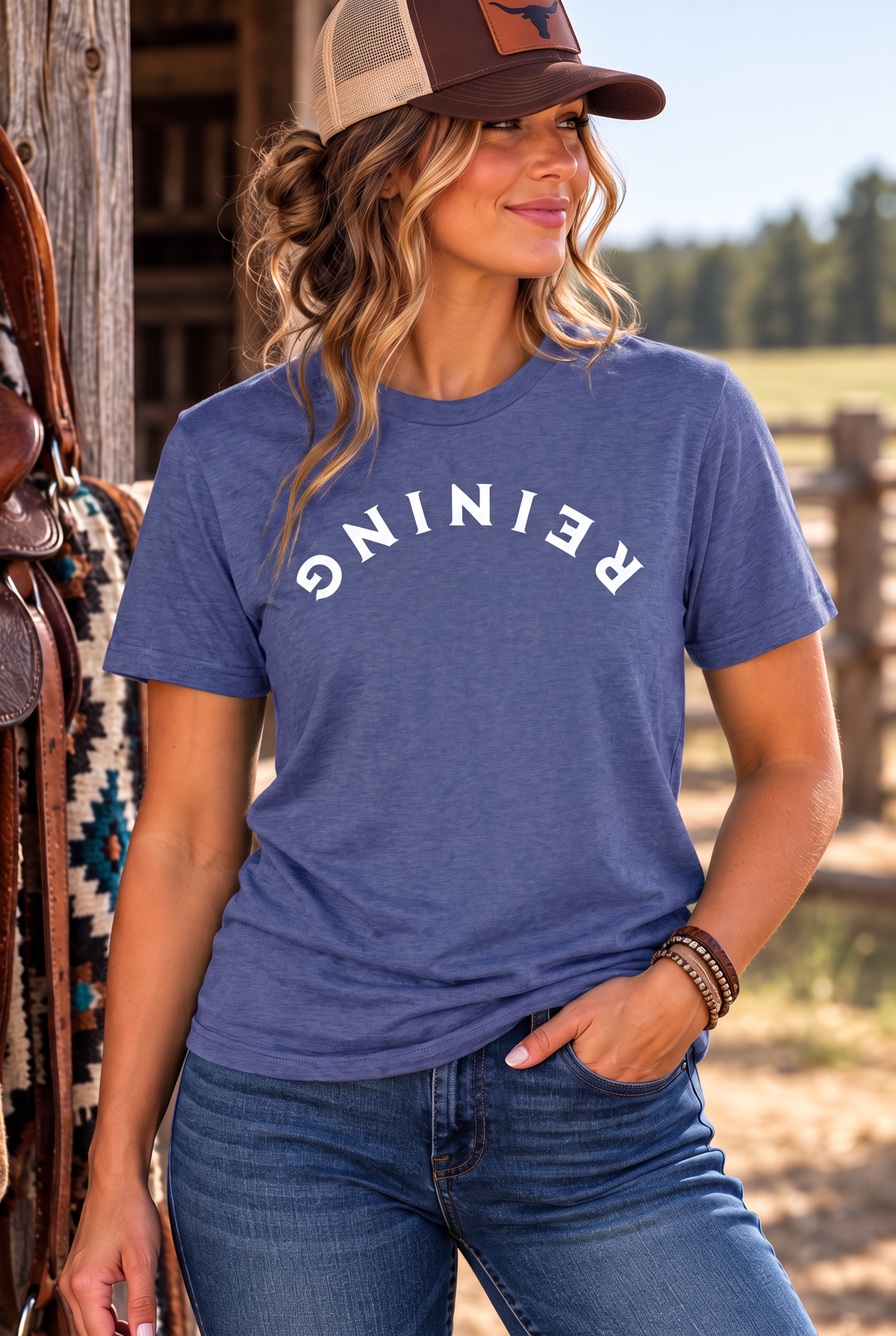 Reining Tee in Metro Blue — female model, front view