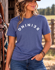 Reining Tee in Metro Blue — female model, front view