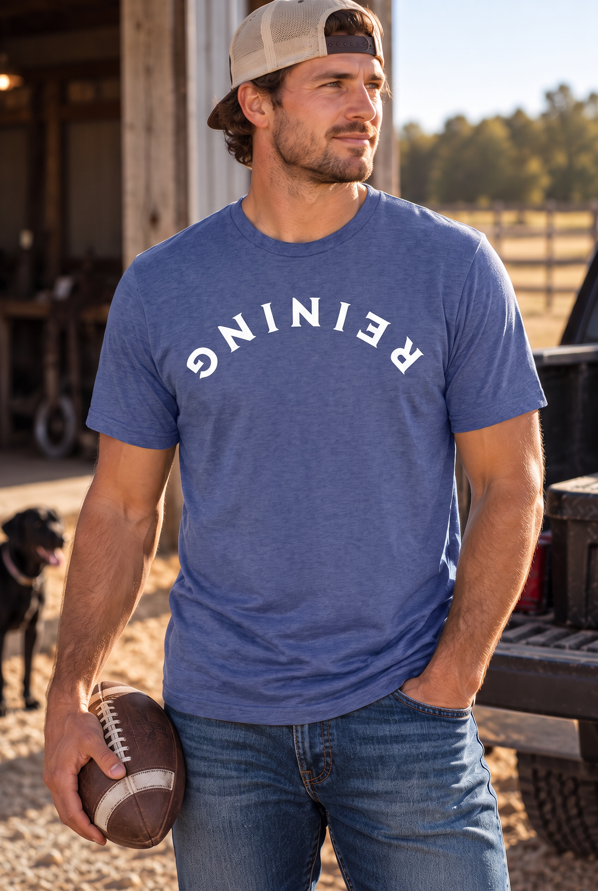 Reining Tee in Metro Blue — male model, front view