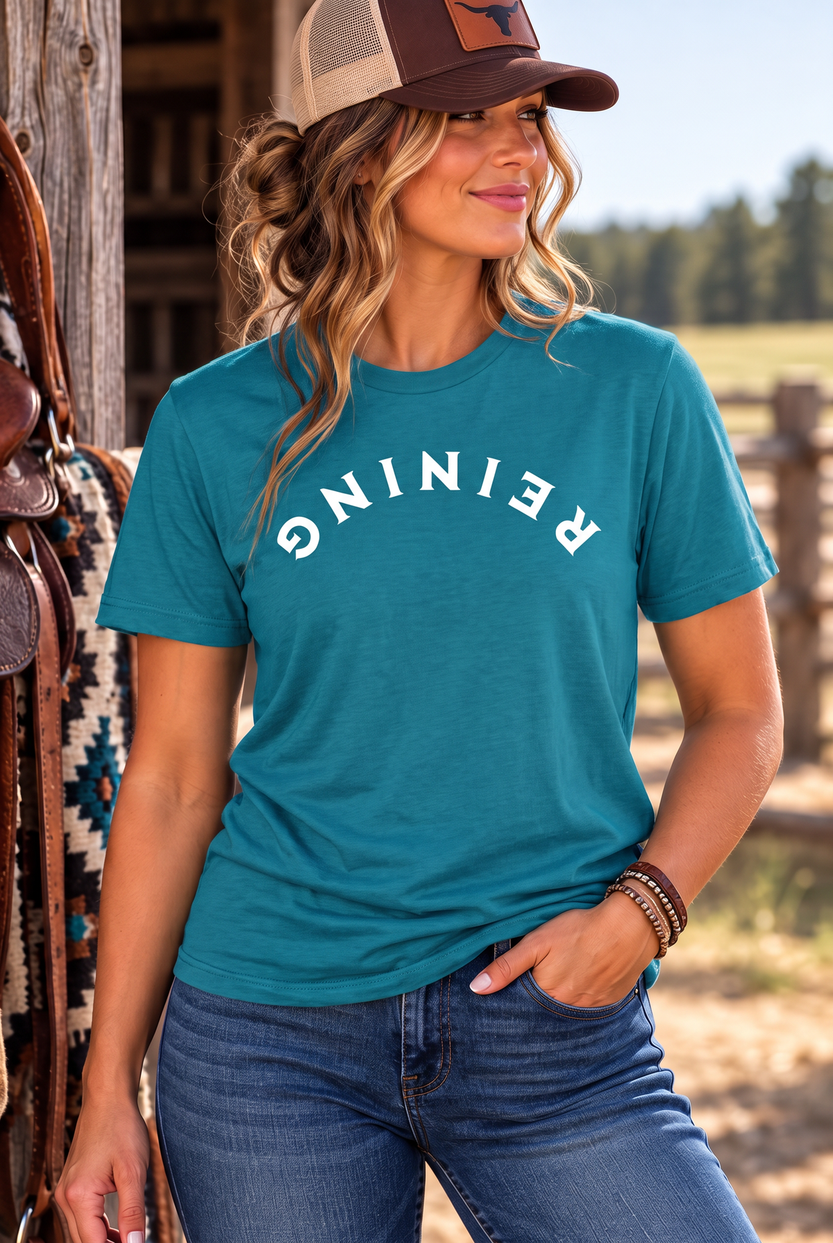 Reining Tee in Tropical Blue — female model, front view