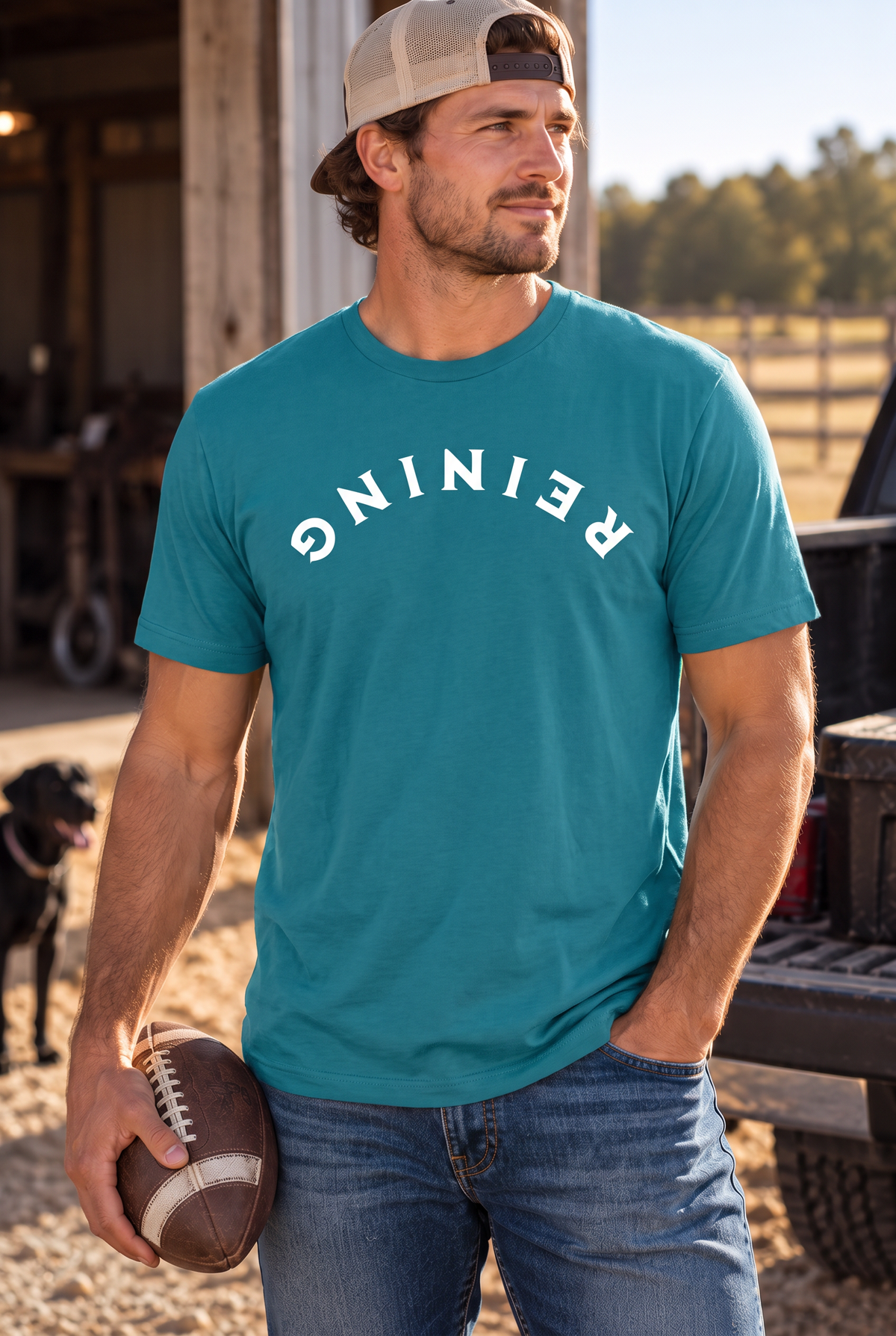 Reining Tee in Tropical Blue — male model, front view