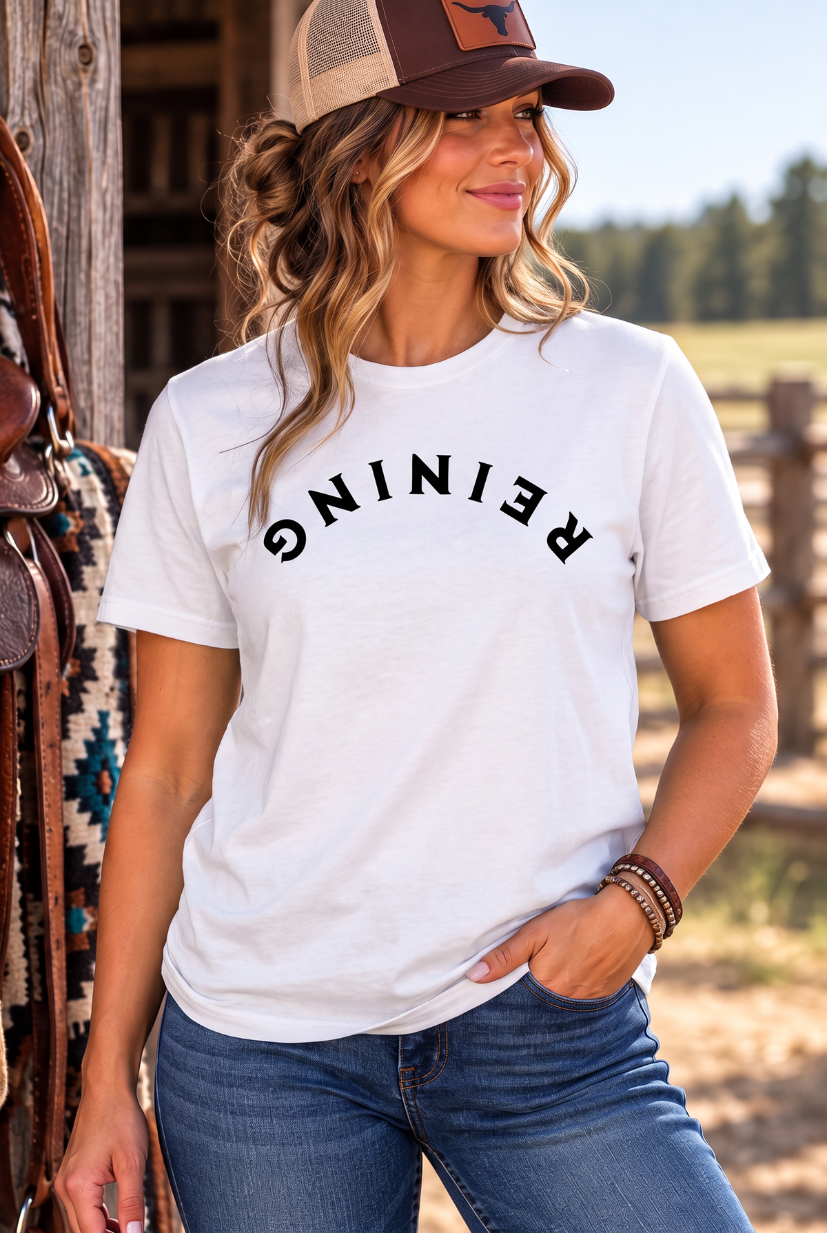 Reining Tee in White — female model, front view