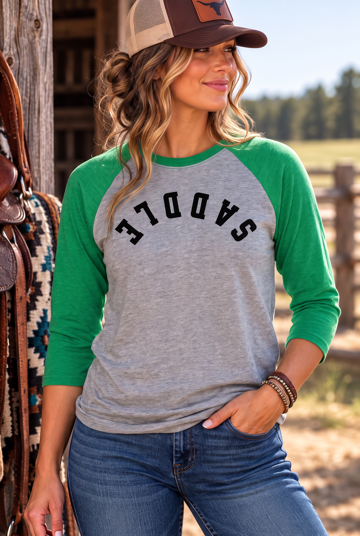 Saddle Baseball Tee in Envy/Premium Heather — female model, front view