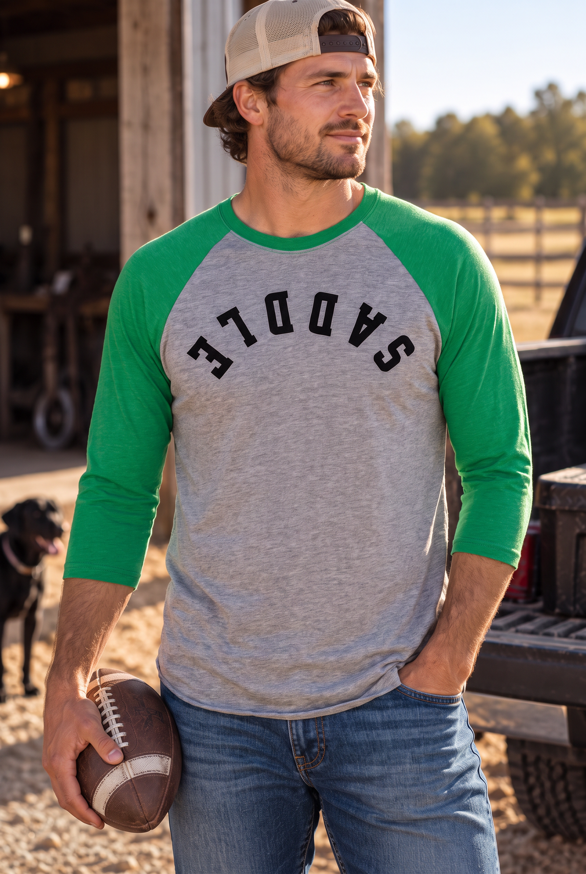 Saddle Baseball Tee in Envy/Premium Heather — male model, front view
