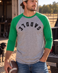 Saddle Baseball Tee in Envy/Premium Heather — male model, front view