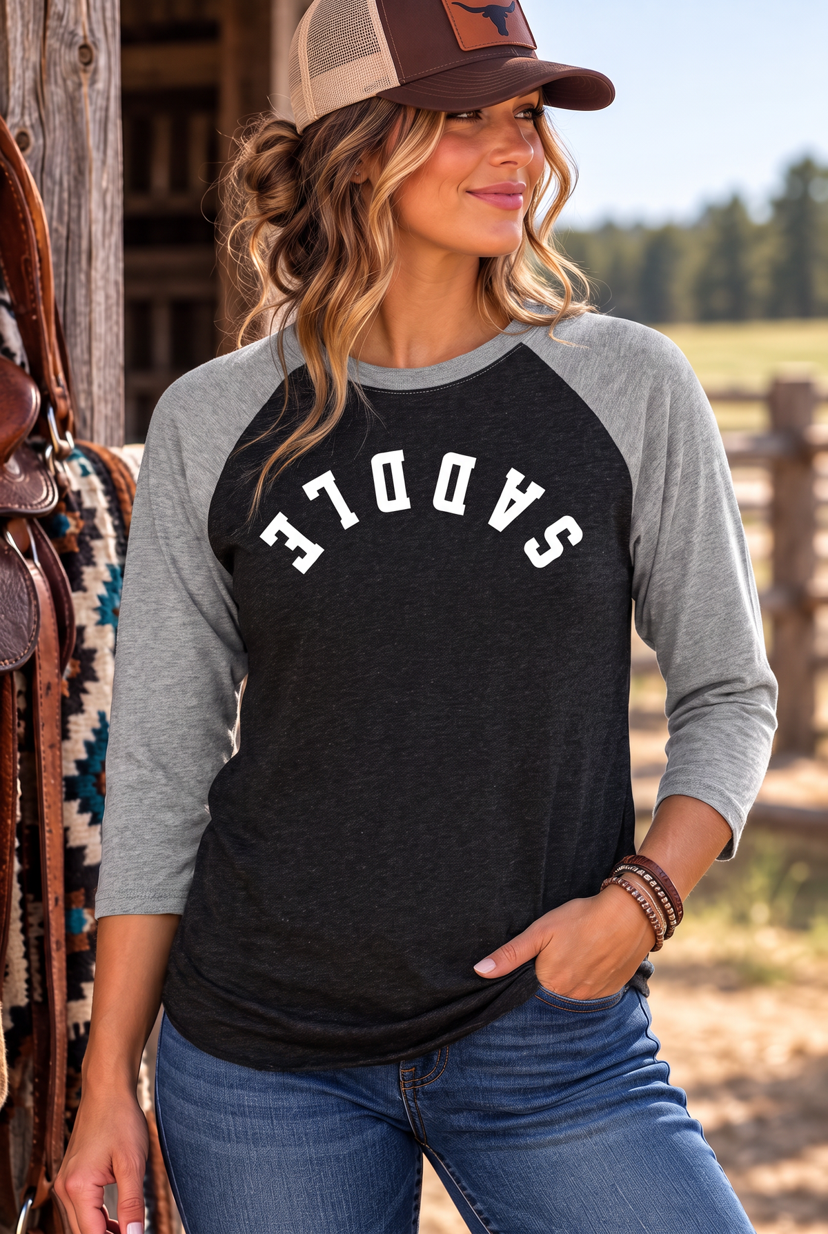 Saddle Baseball Tee in Premium Heather/Vintage Black — female model, front view