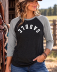 Saddle Baseball Tee in Premium Heather/Vintage Black — female model, front view