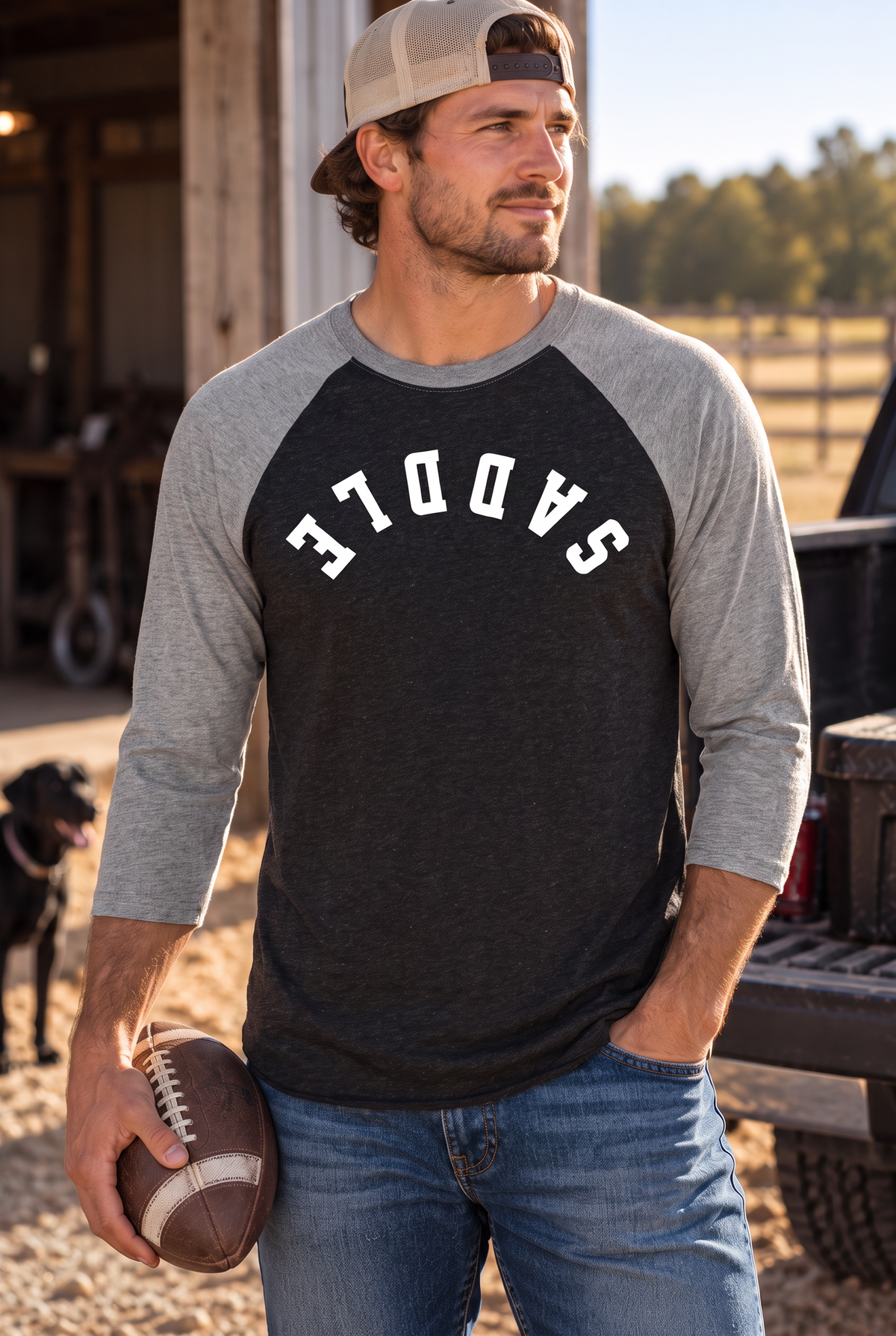 Saddle Baseball Tee in Premium Heather/Vintage Black — male model, front view