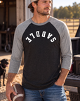 Saddle Baseball Tee in Premium Heather/Vintage Black — male model, front view