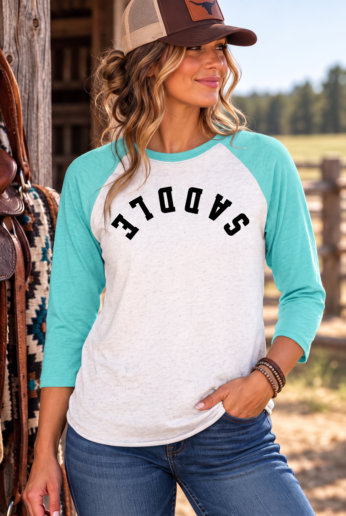 Saddle Baseball Tee in Tahiti Blue/Heather White — female model, front view