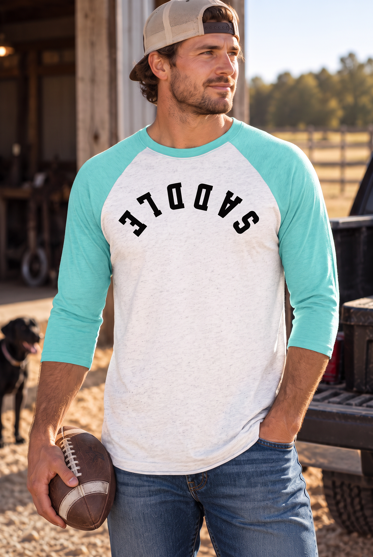 Saddle Baseball Tee in Tahiti Blue/Heather White — male model, front view